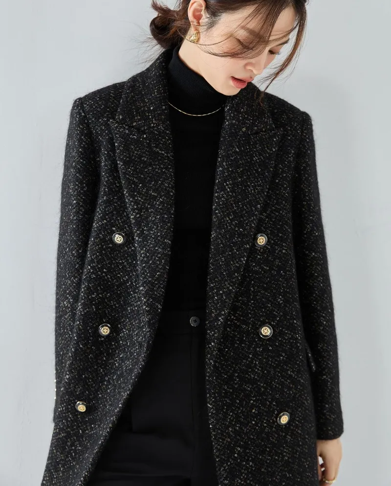 23 Cappotto di media lunghezza da donna in tweed di lana di fascia alta di lusso leggero di nuovo stile invernale Cappotto di me