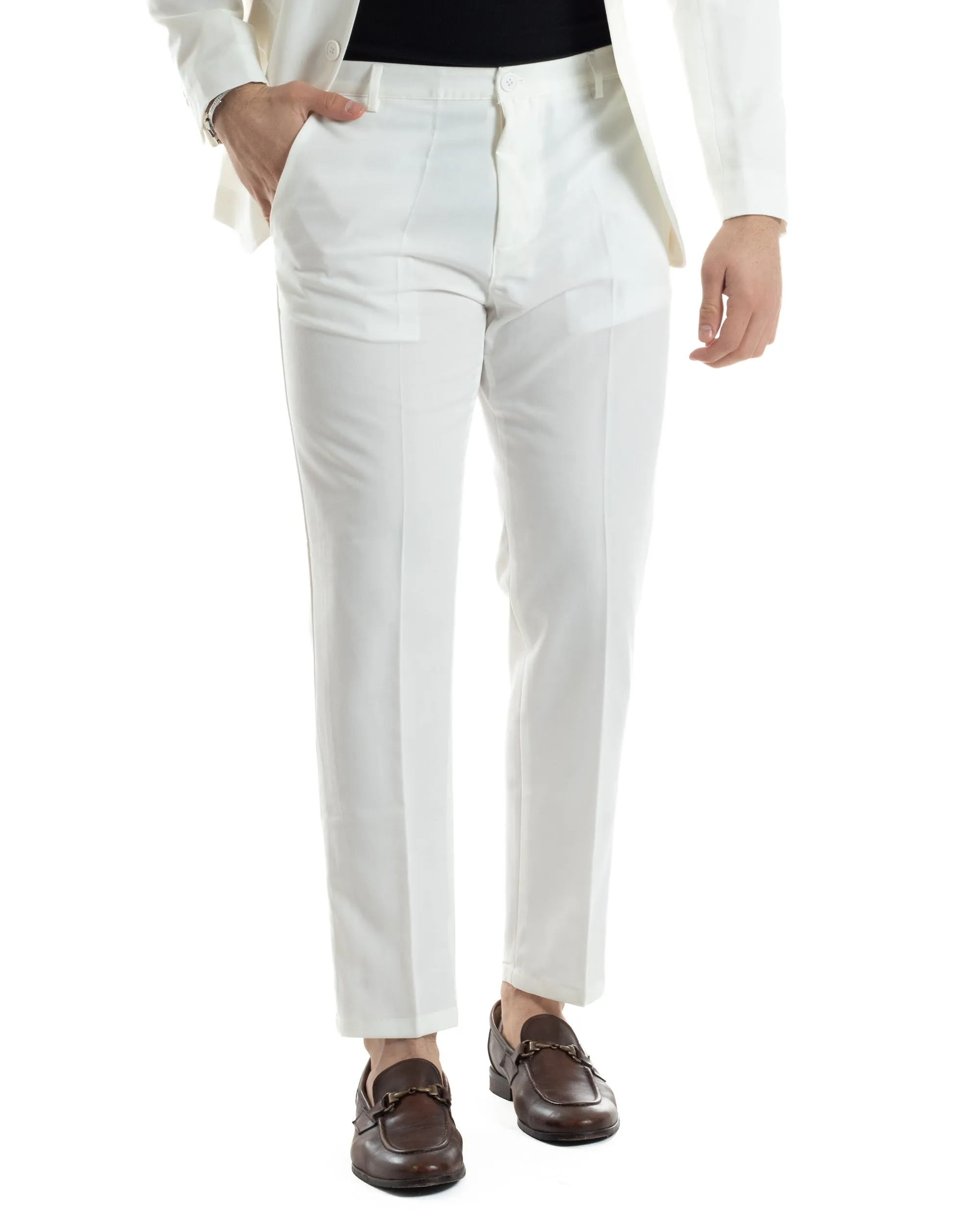 Abito Uomo Doppiopetto Vestito Completo Giacca Pantaloni Bianco Tinta Unita Elegante Casual GIOSAL-AE1041A