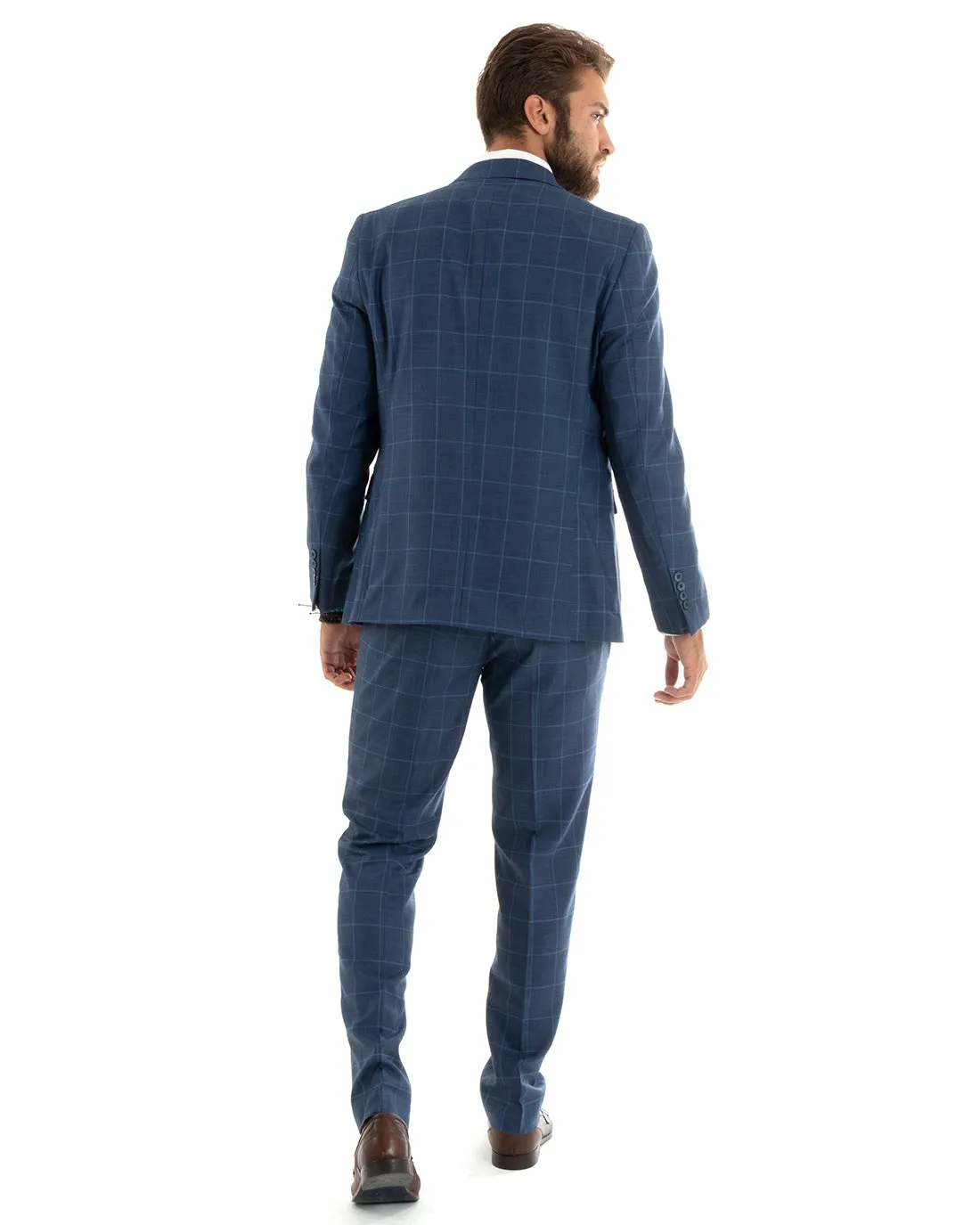 Abito Uomo Doppiopetto Vestito Completo Giacca Pantaloni Blu a Quadri Elegante Casual GIOSAL-OU2402A