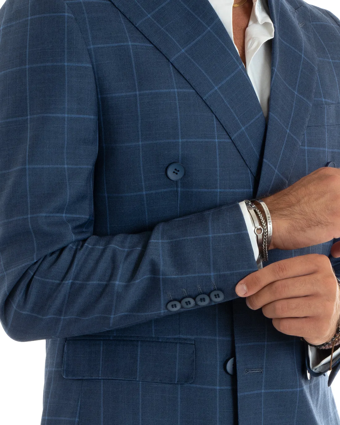 Abito Uomo Doppiopetto Vestito Completo Giacca Pantaloni Blu a Quadri Elegante Casual GIOSAL-OU2402A