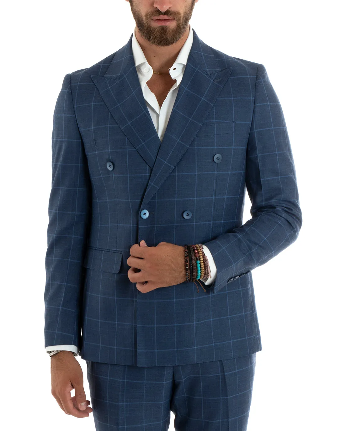 Abito Uomo Doppiopetto Vestito Completo Giacca Pantaloni Blu a Quadri Elegante Casual GIOSAL-OU2402A