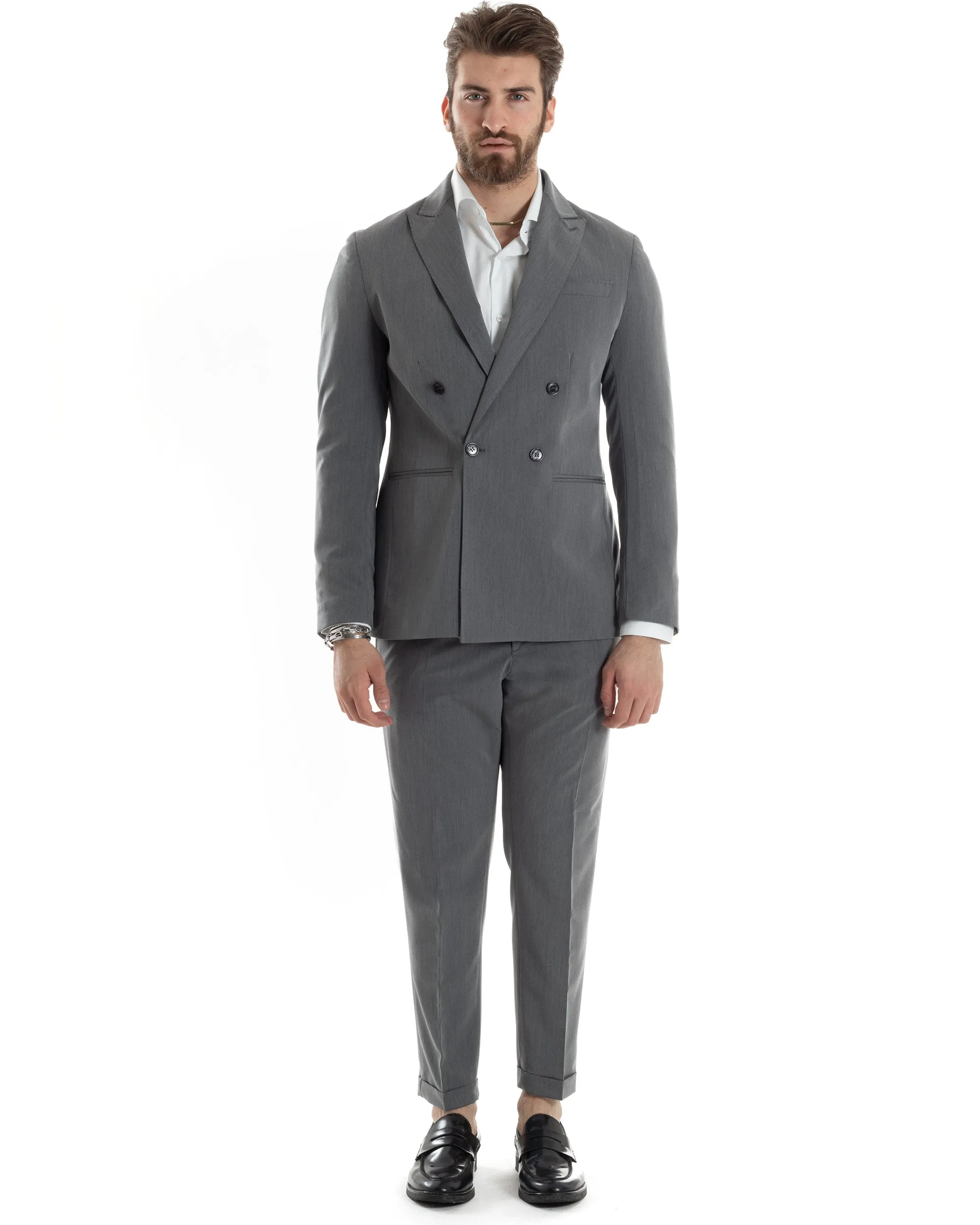 Abito Uomo Doppiopetto Vestito Completo Giacca Pantaloni Grigio Tinta Unita Elegante Casual GIOSAL-AE1023A