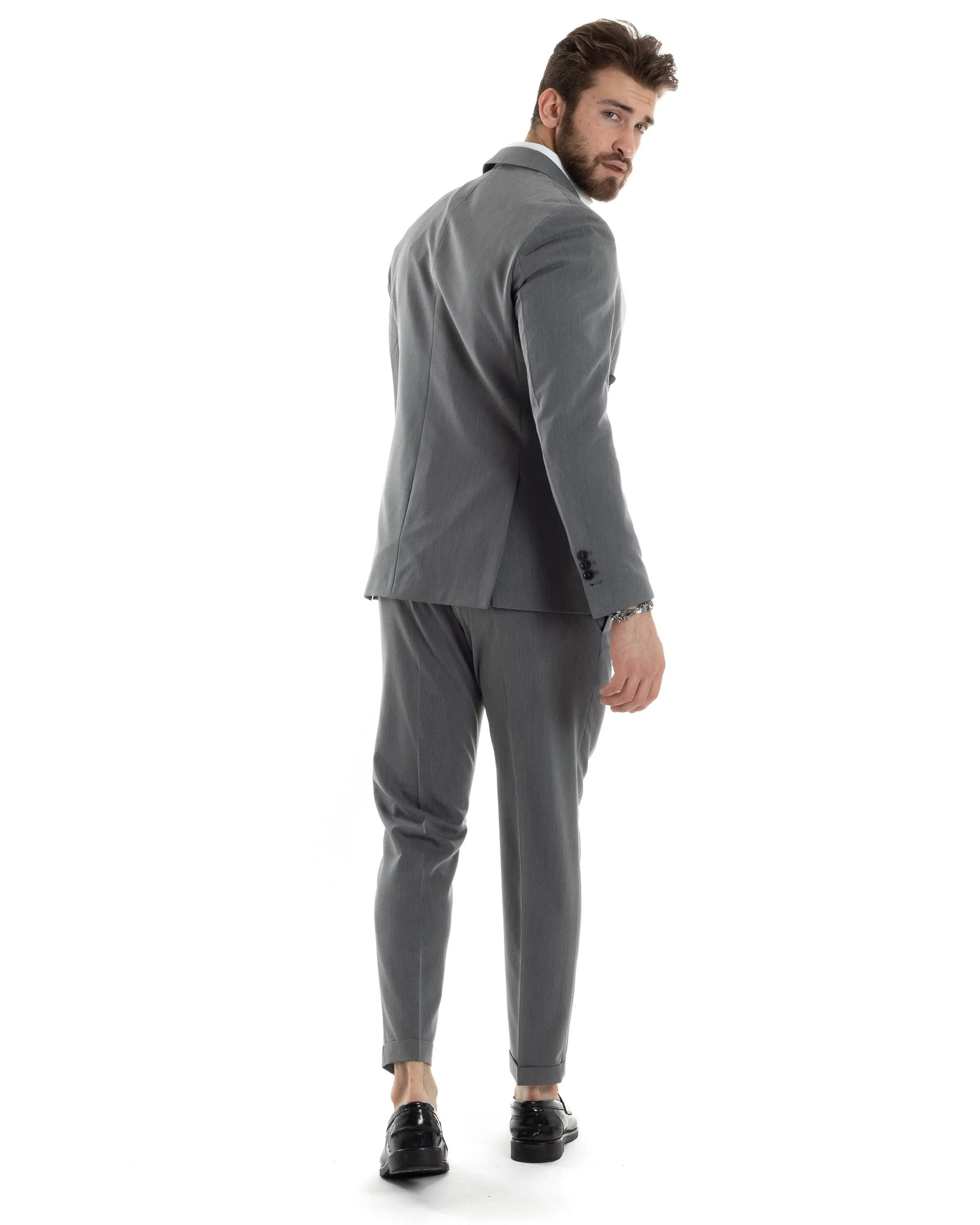 Abito Uomo Doppiopetto Vestito Completo Giacca Pantaloni Grigio Tinta Unita Elegante Casual GIOSAL-AE1023A