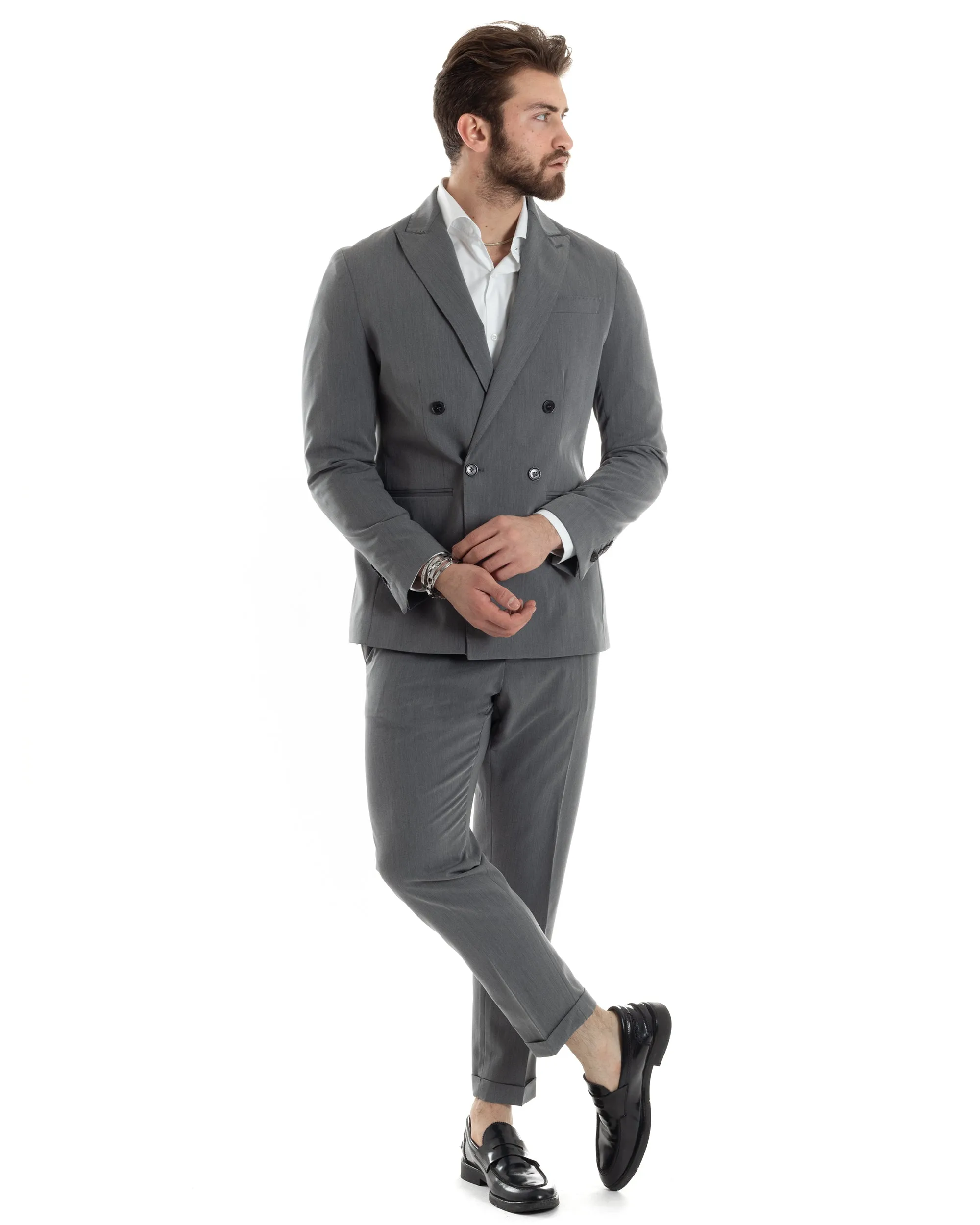 Abito Uomo Doppiopetto Vestito Completo Giacca Pantaloni Grigio Tinta Unita Elegante Casual GIOSAL-AE1023A