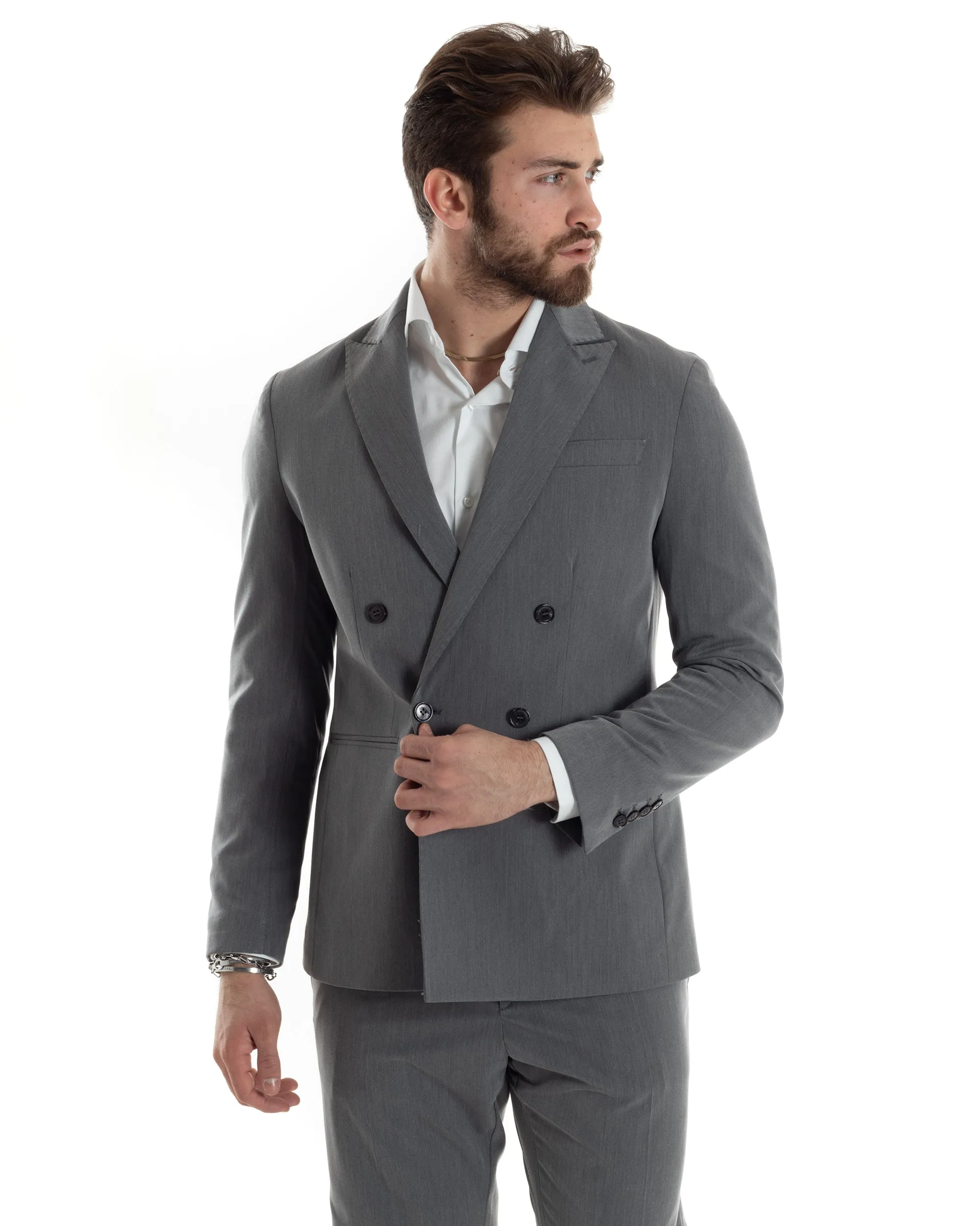Abito Uomo Doppiopetto Vestito Completo Giacca Pantaloni Grigio Tinta Unita Elegante Casual GIOSAL-AE1023A