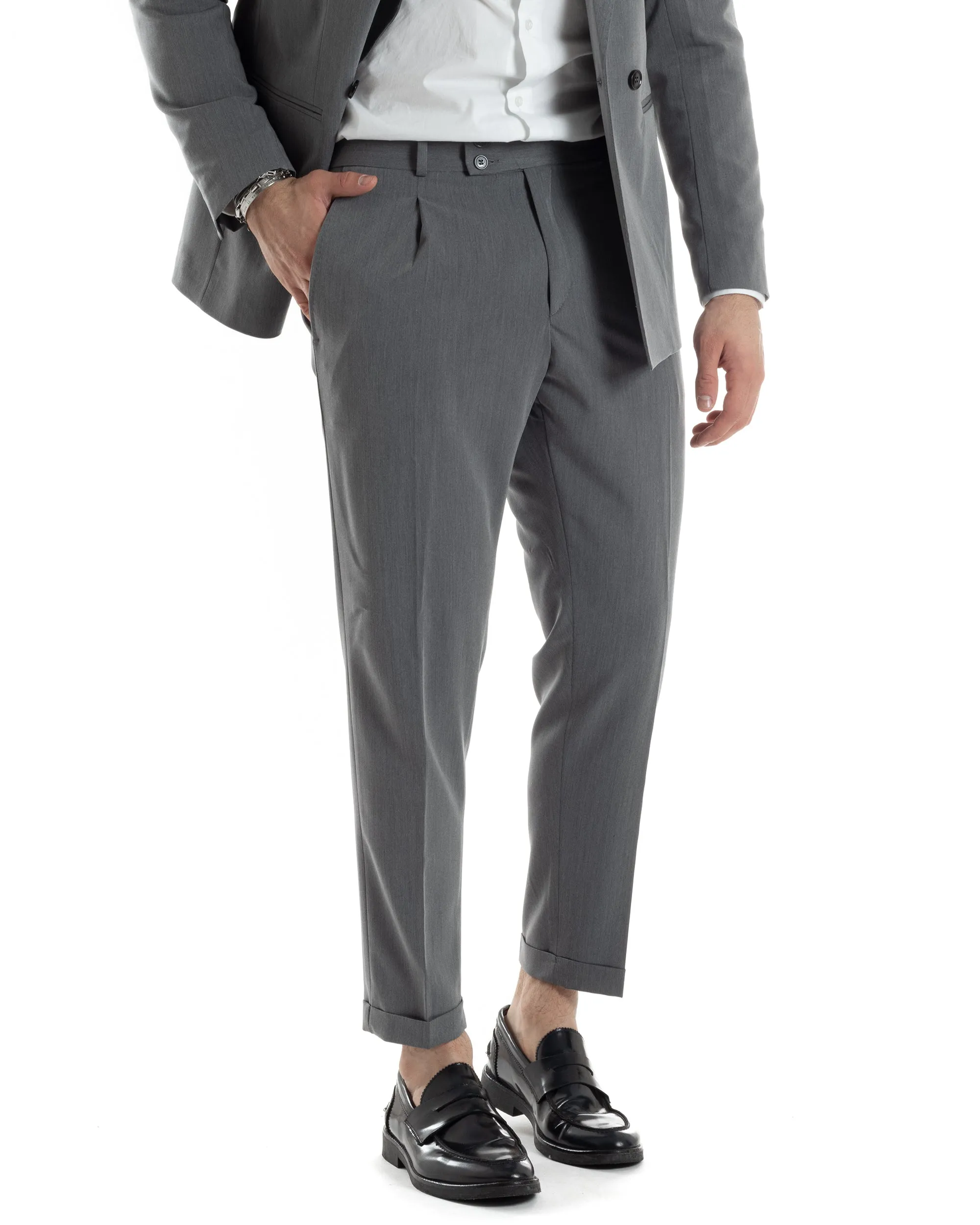 Abito Uomo Doppiopetto Vestito Completo Giacca Pantaloni Grigio Tinta Unita Elegante Casual GIOSAL-AE1023A