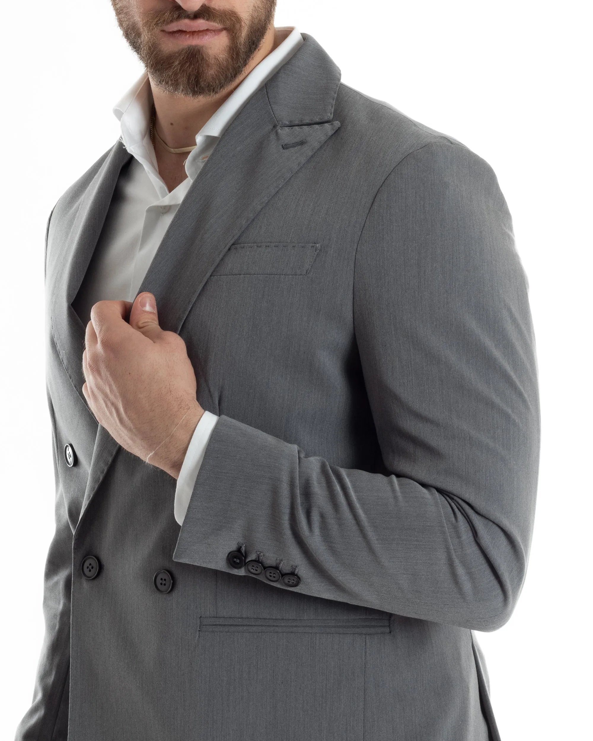 Abito Uomo Doppiopetto Vestito Completo Giacca Pantaloni Grigio Tinta Unita Elegante Casual GIOSAL-AE1023A