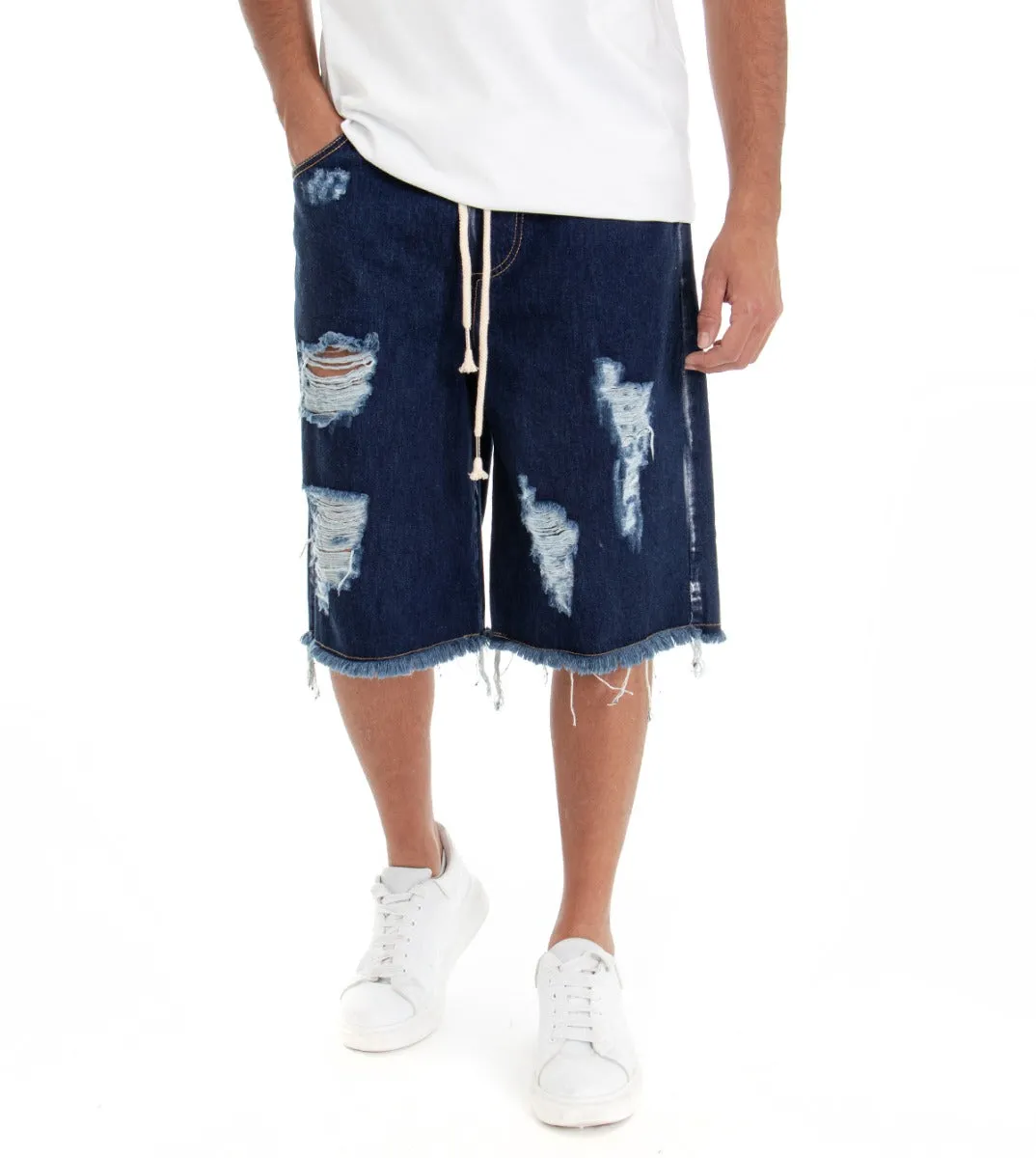 Bermuda Pantaloncino Uomo Jeans Corto Shorts Denim Blu Scuro Over Rotture Elastico GIOSAL-PC1516A