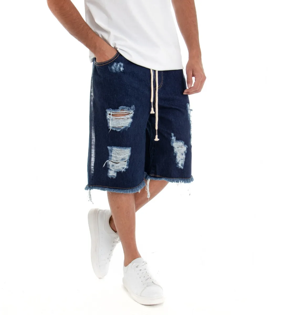 Bermuda Pantaloncino Uomo Jeans Corto Shorts Denim Blu Scuro Over Rotture Elastico GIOSAL-PC1516A