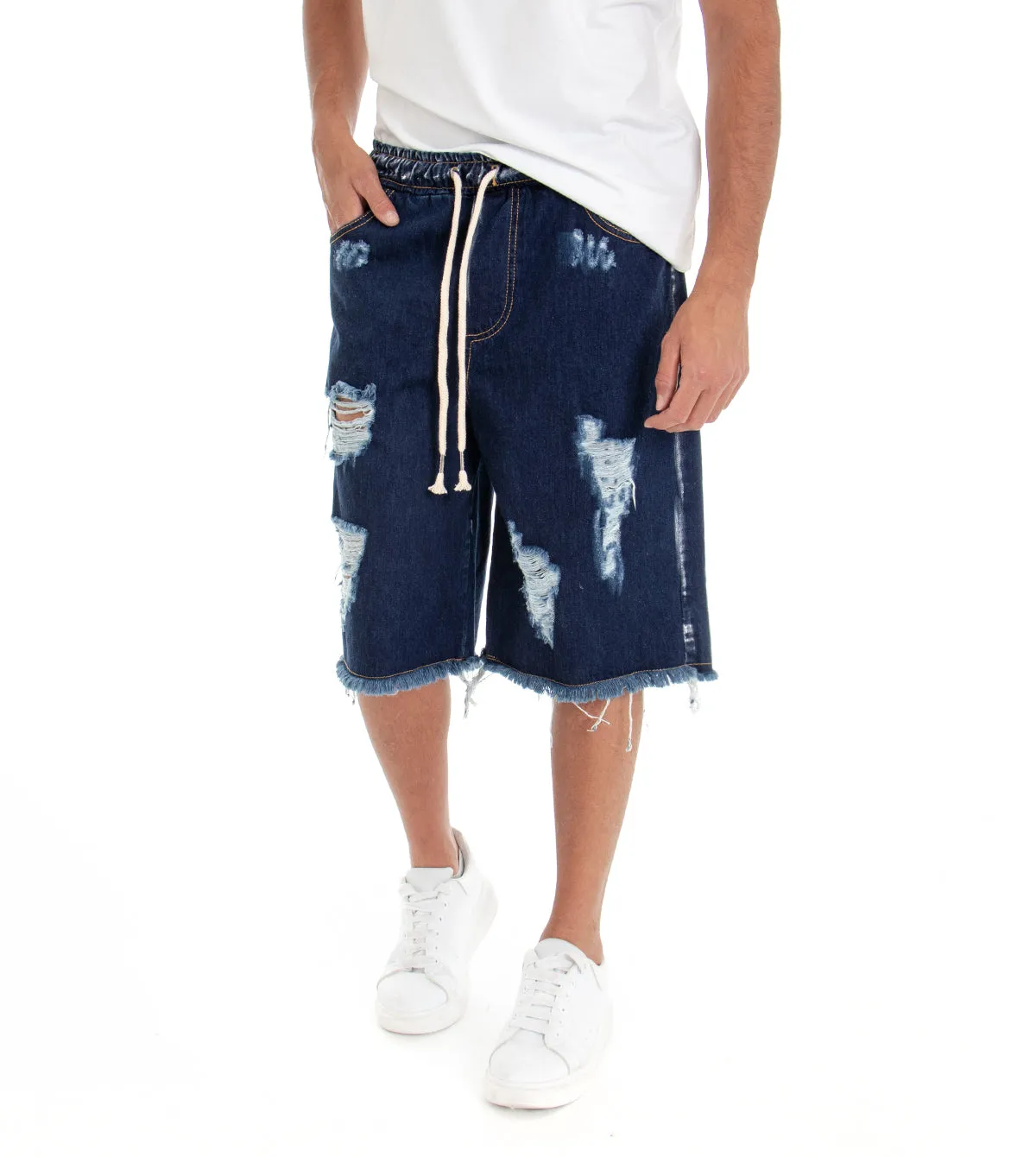 Bermuda Pantaloncino Uomo Jeans Corto Shorts Denim Blu Scuro Over Rotture Elastico GIOSAL-PC1516A