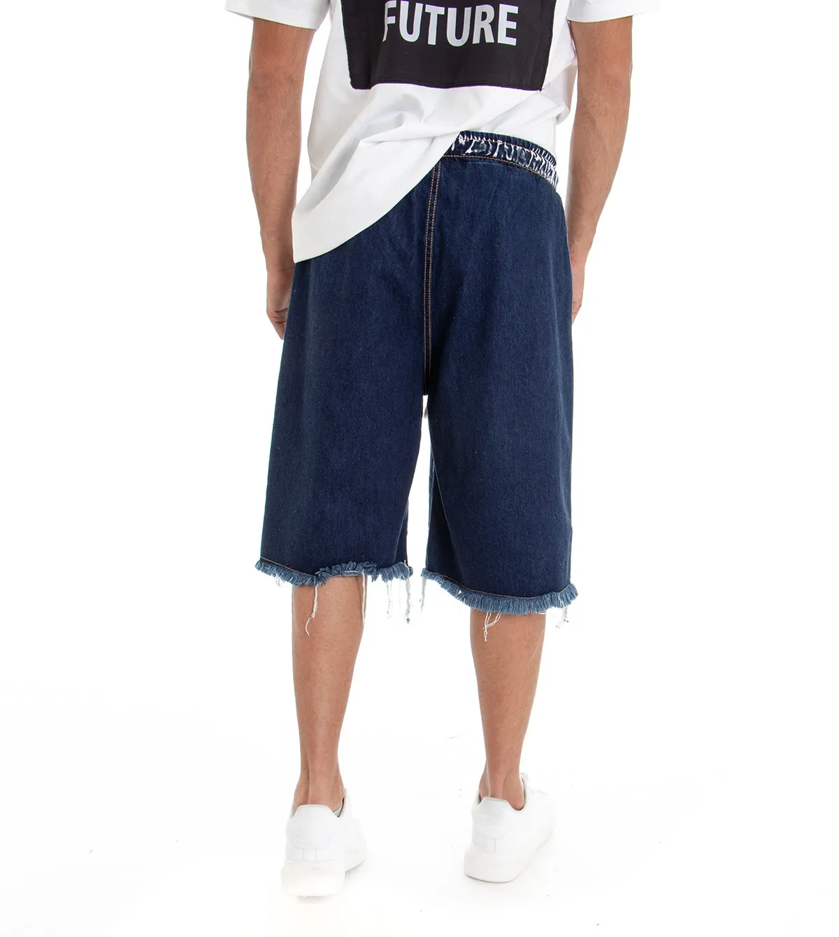 Bermuda Pantaloncino Uomo Jeans Corto Shorts Denim Blu Scuro Over Rotture Elastico GIOSAL-PC1516A