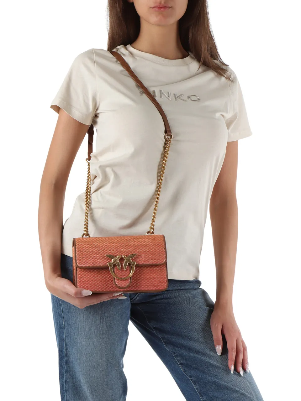 Borsa a tracolla in pelle e rafia LOVE ONE MINI LIGHT CL.