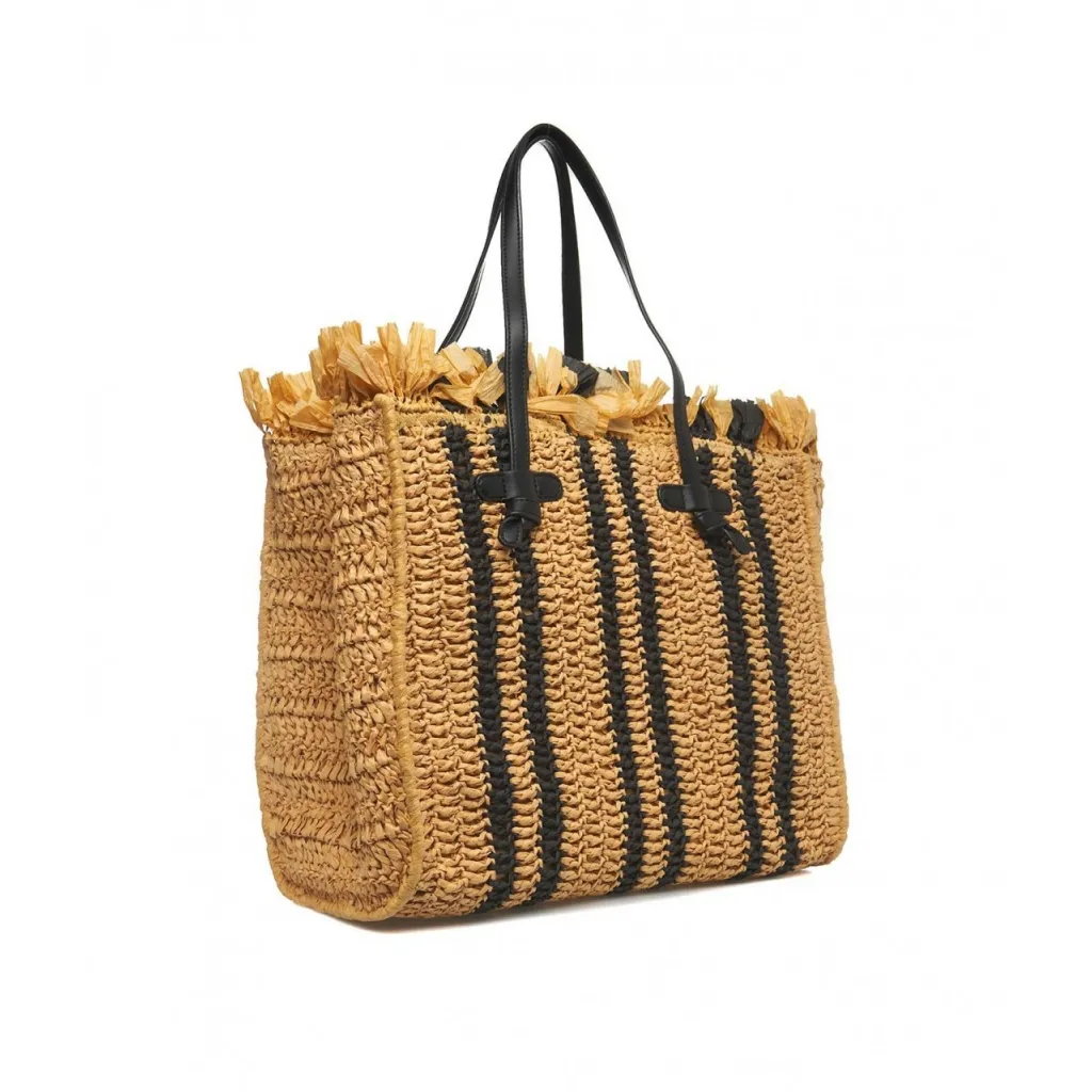 Borsa in rafia con frange beige