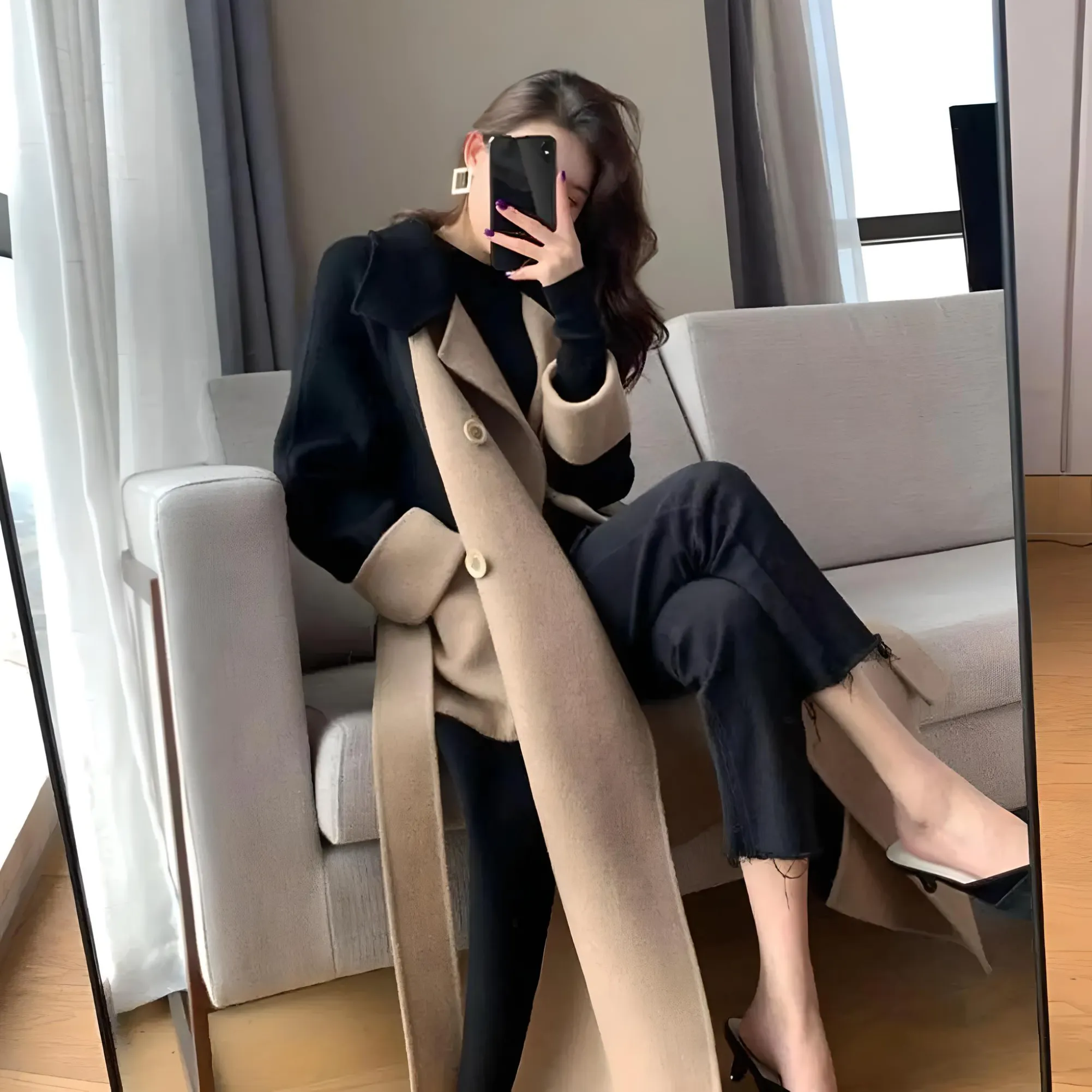 Cappotto Donna Casual Elegante Bicolore Scollo V Manica Lunga Tasche Bottoni Doppiopetto Colletto Risvoltato