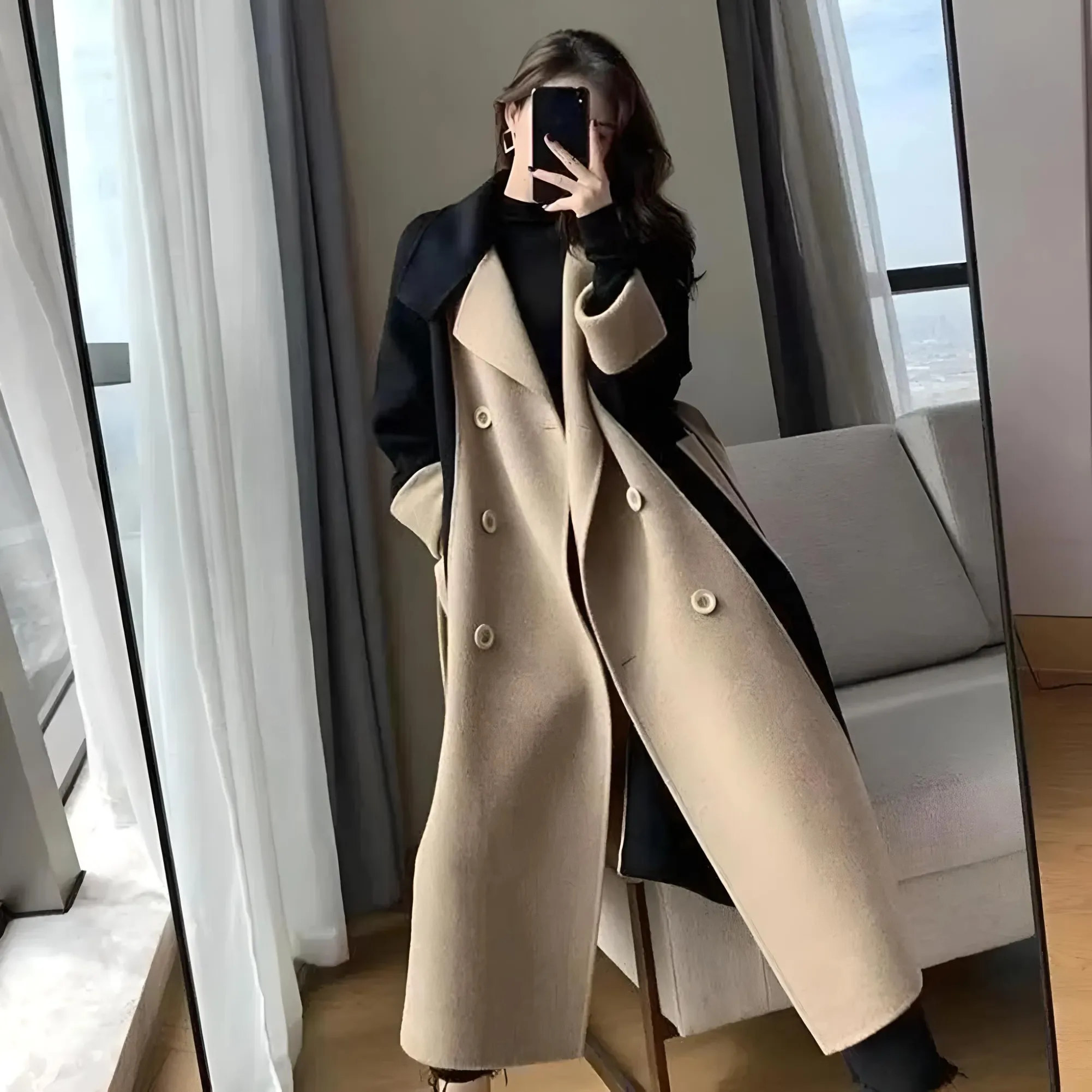 Cappotto Donna Casual Elegante Bicolore Scollo V Manica Lunga Tasche Bottoni Doppiopetto Colletto Risvoltato