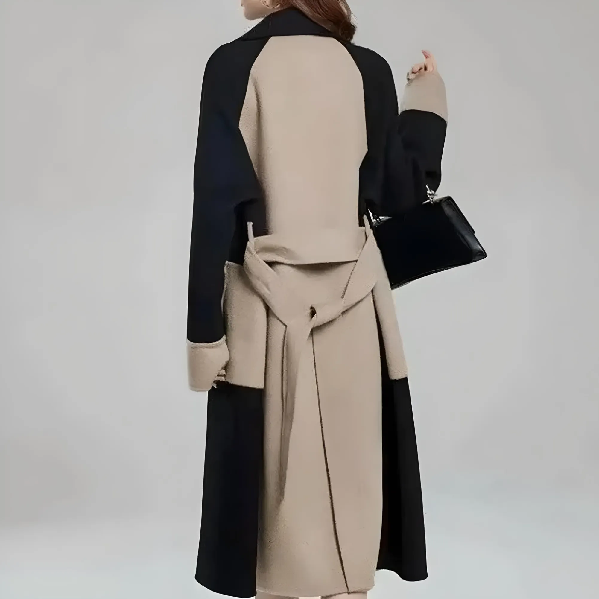 Cappotto Donna Casual Elegante Bicolore Scollo V Manica Lunga Tasche Bottoni Doppiopetto Colletto Risvoltato