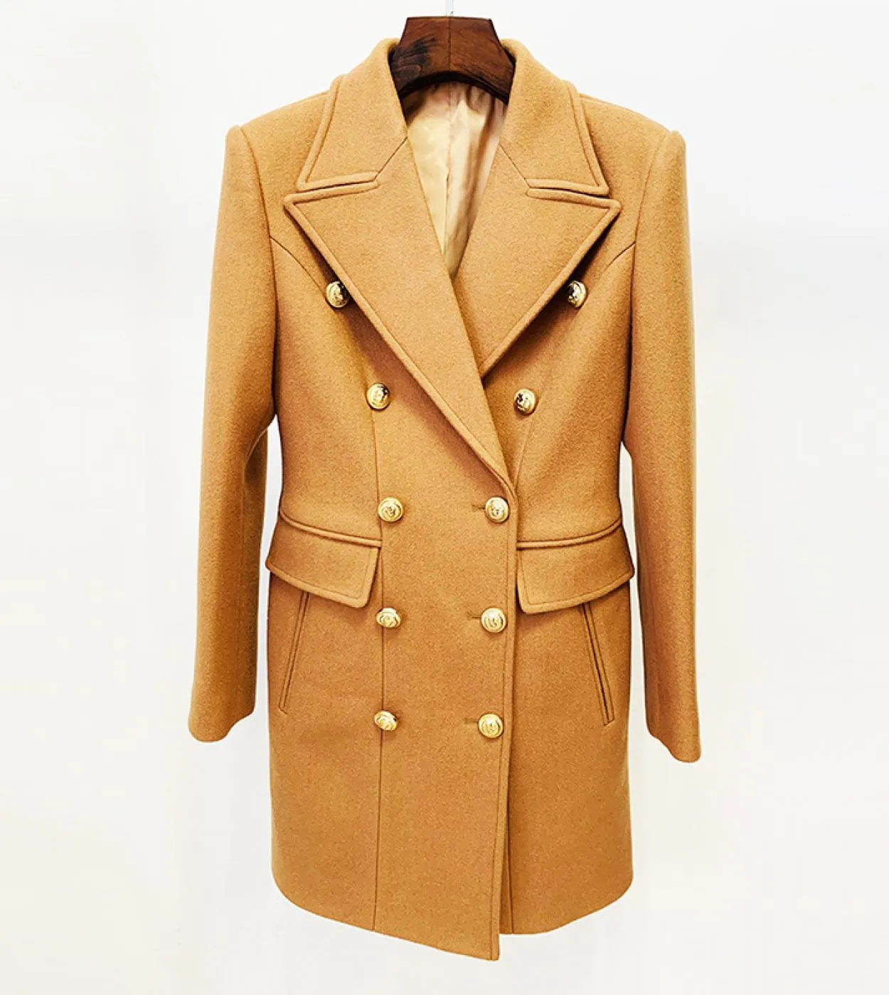 Cappotto lungo in misto lana Cappotto Donna Autunno Inverno Nuovo design Doppiopetto con bottoni leone Cappotto di lana cammello