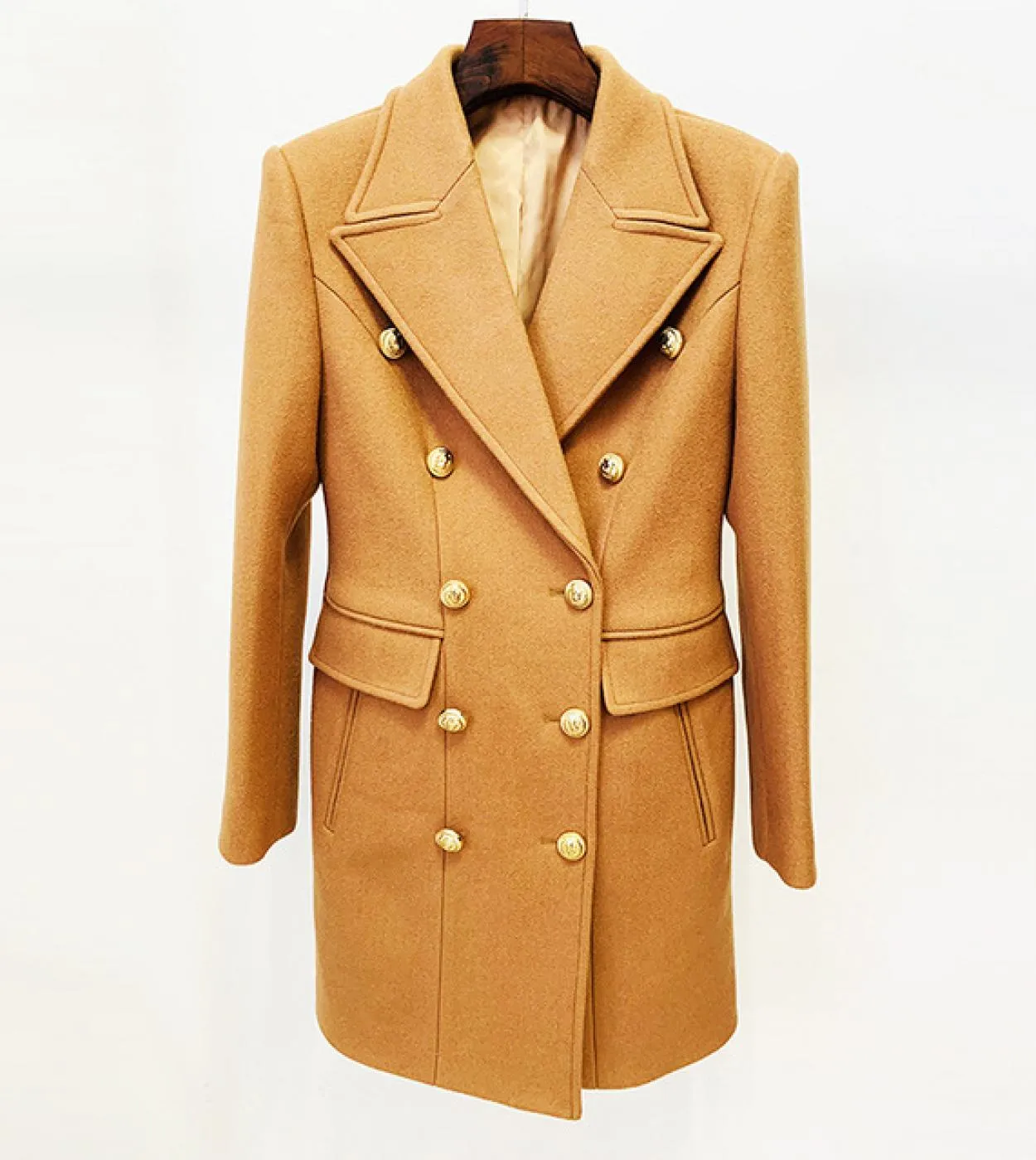 Cappotto lungo in misto lana Cappotto Donna Autunno Inverno Nuovo design Doppiopetto con bottoni leone Cappotto di lana cammello