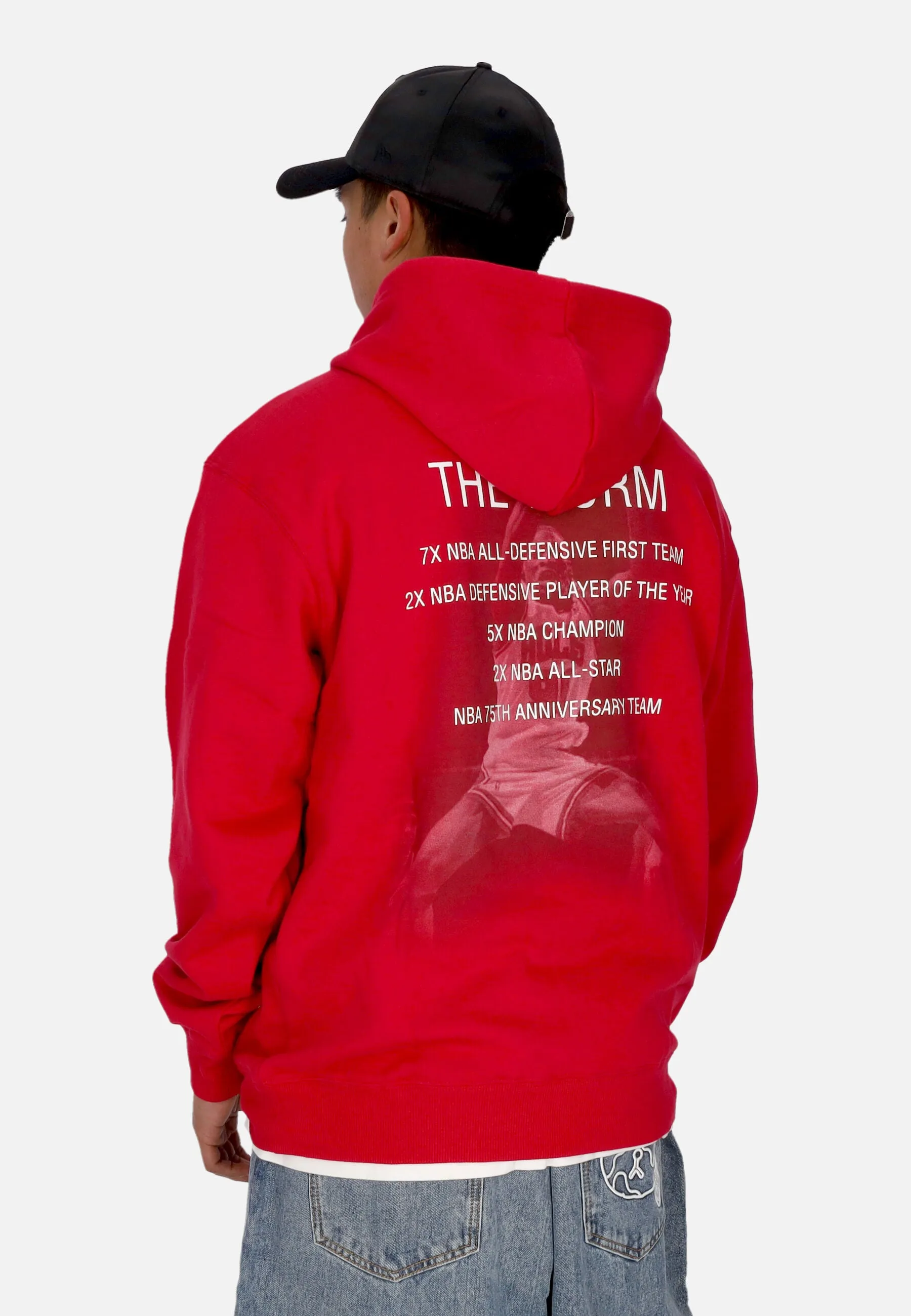 Felpa Cappuccio Uomo Nba Premium Fleece Vintage Logo Hoodie Dennis Rodman Chibul Scarlet