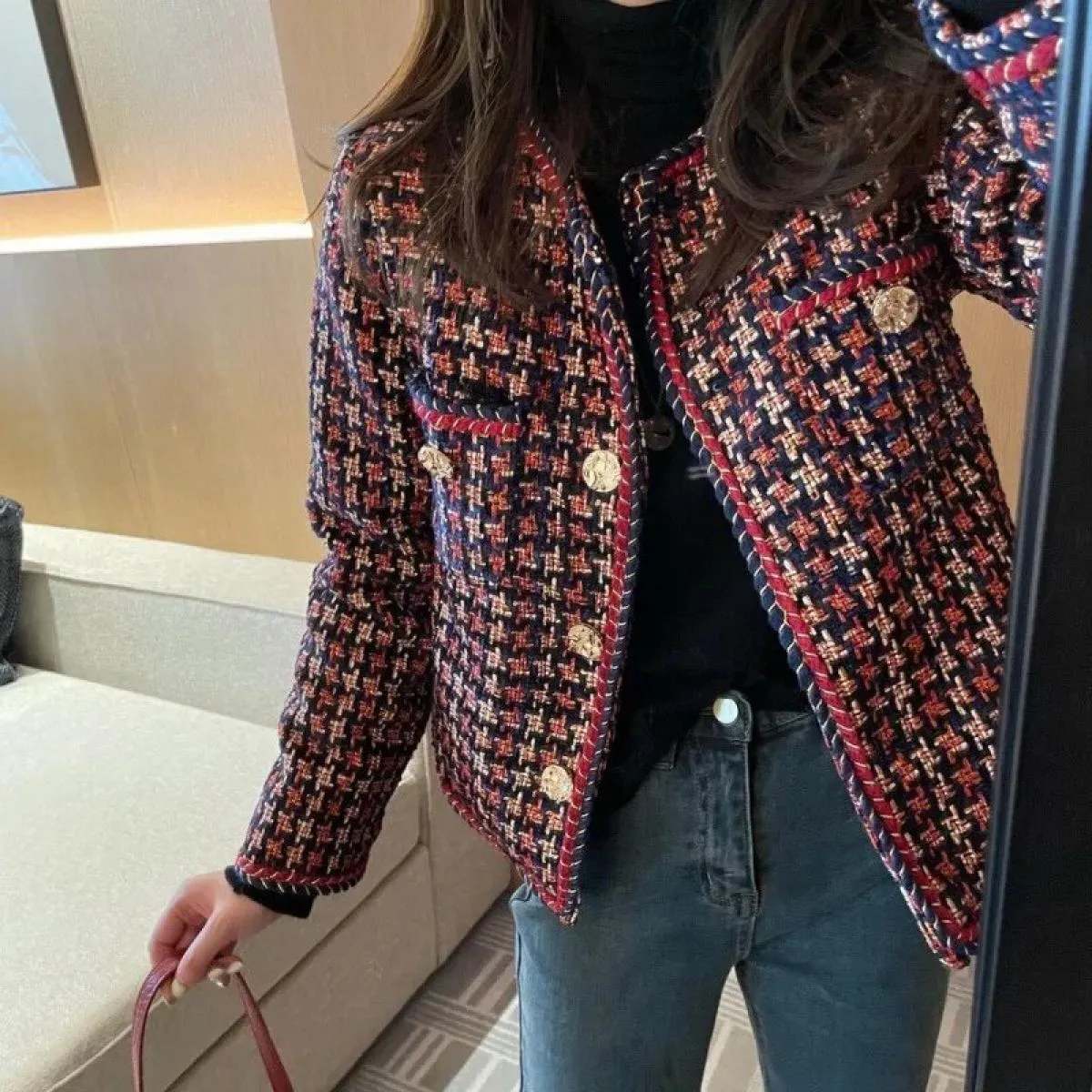 Giacche da donna Elegante giacca scozzese da donna in tessuto tascabile più velluto invernale causale cappotto in tweed giacca d