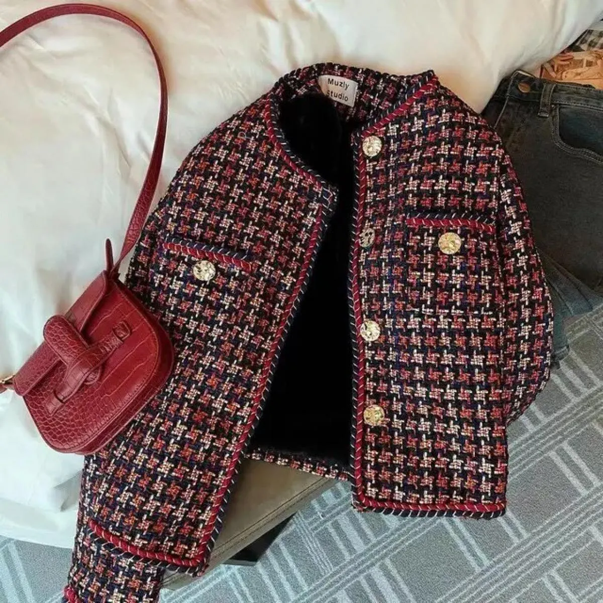 Giacche da donna Elegante giacca scozzese da donna in tessuto tascabile più velluto invernale causale cappotto in tweed giacca d
