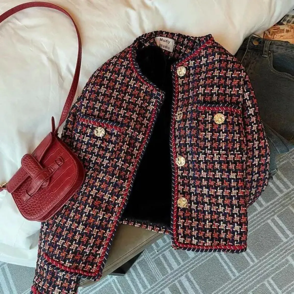 Giacche da donna Elegante giacca scozzese da donna in tessuto tascabile più velluto invernale causale cappotto in tweed giacca d