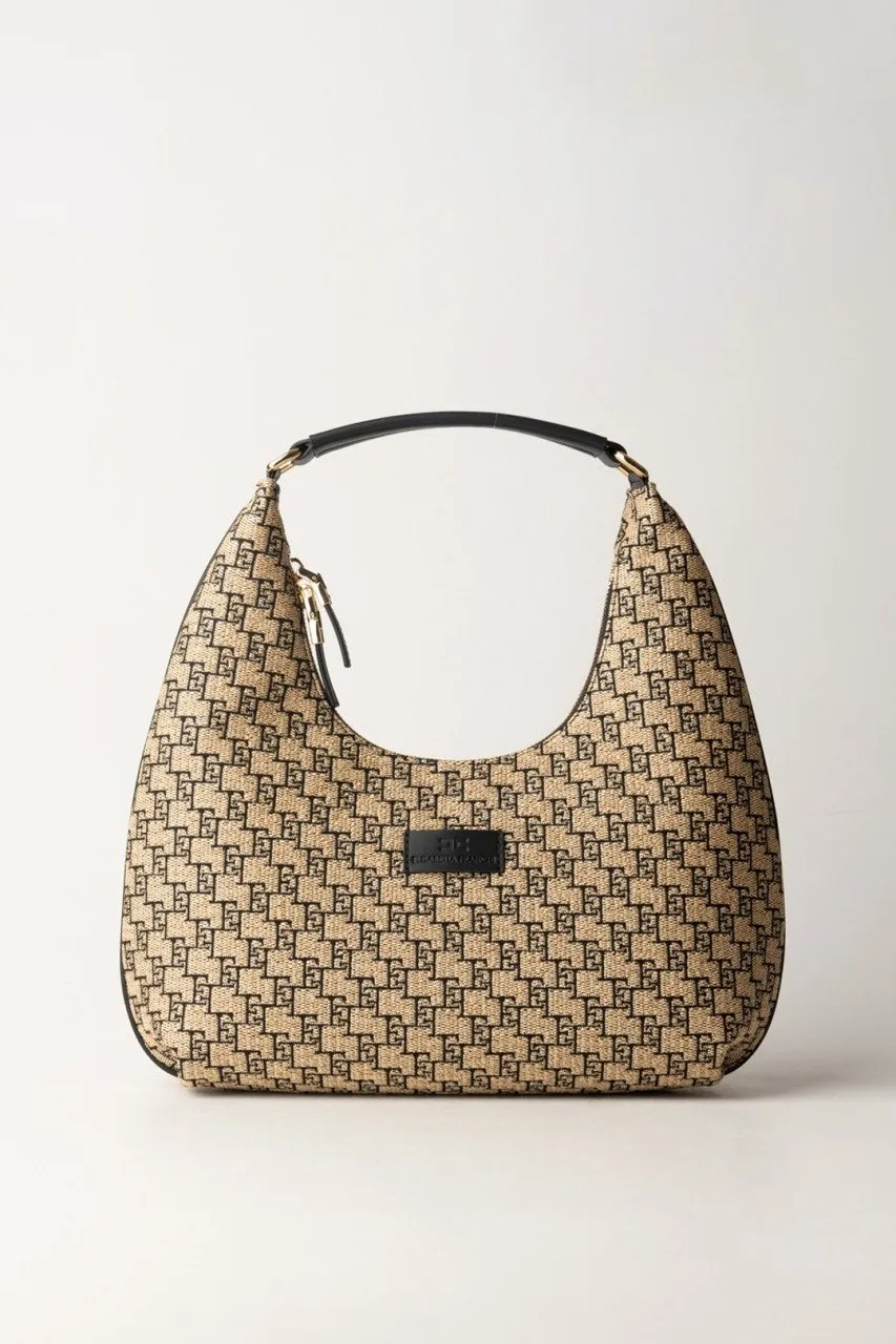 Hobo grande in rafia jacquard Paglia/Nero