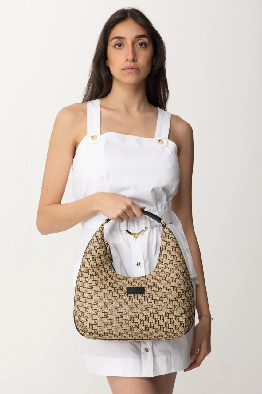 Hobo grande in rafia jacquard Paglia/Nero