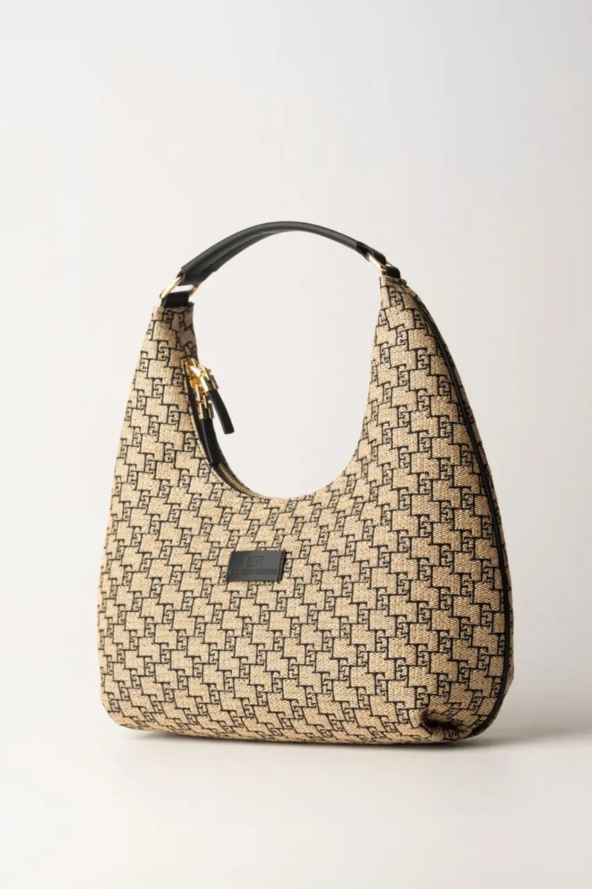 Hobo grande in rafia jacquard Paglia/Nero
