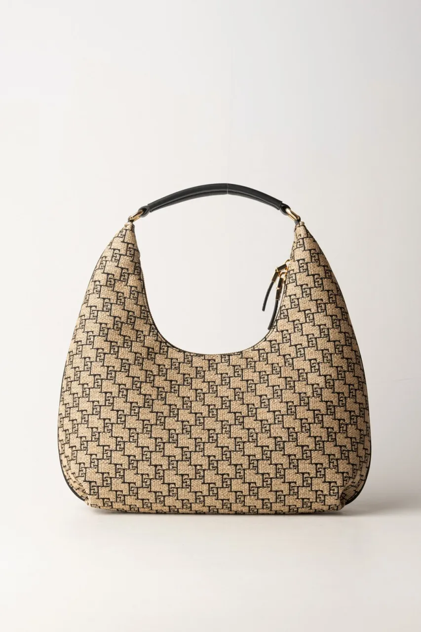 Hobo grande in rafia jacquard Paglia/Nero