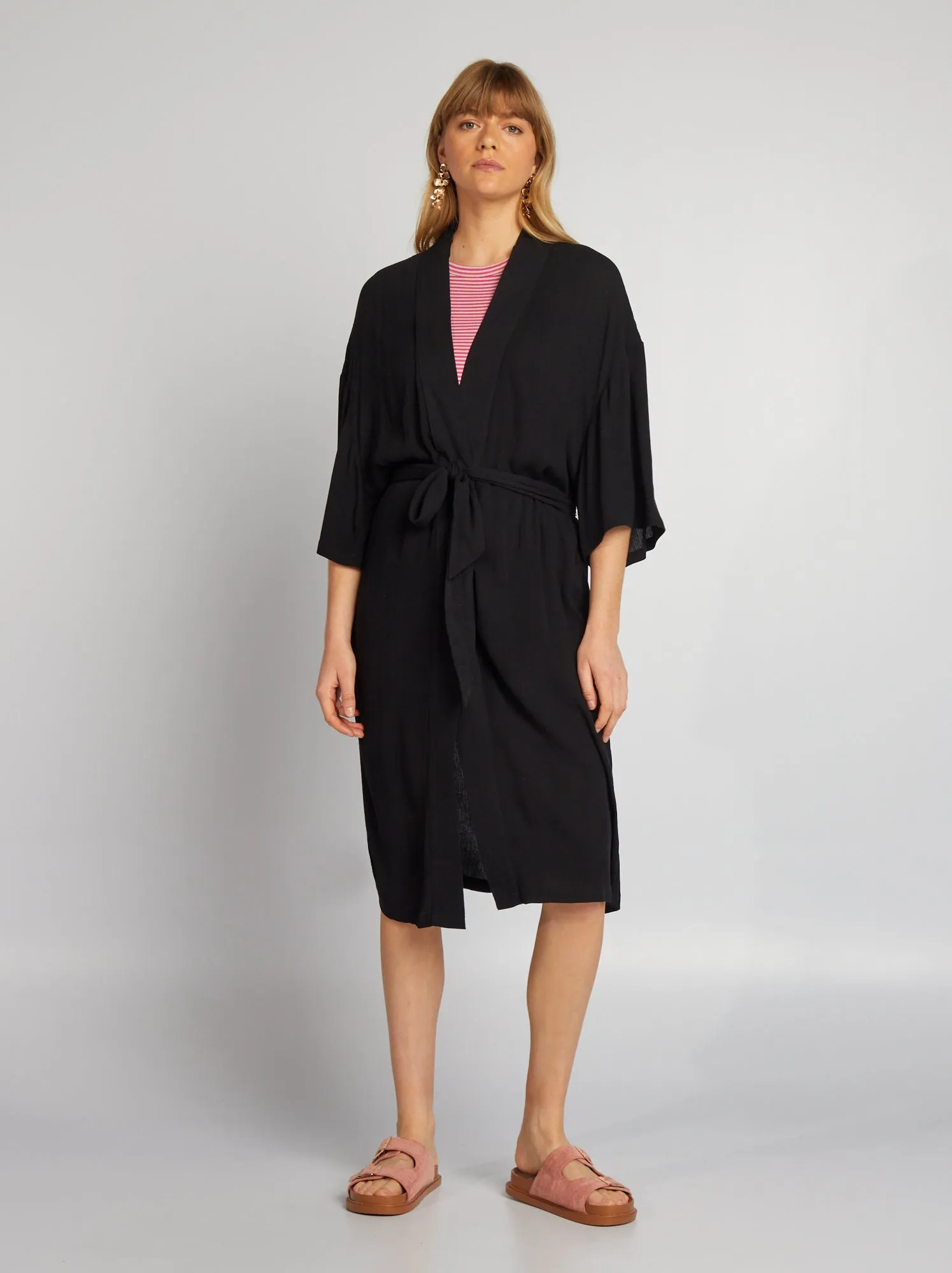 Kimono stampato con cintura - nero