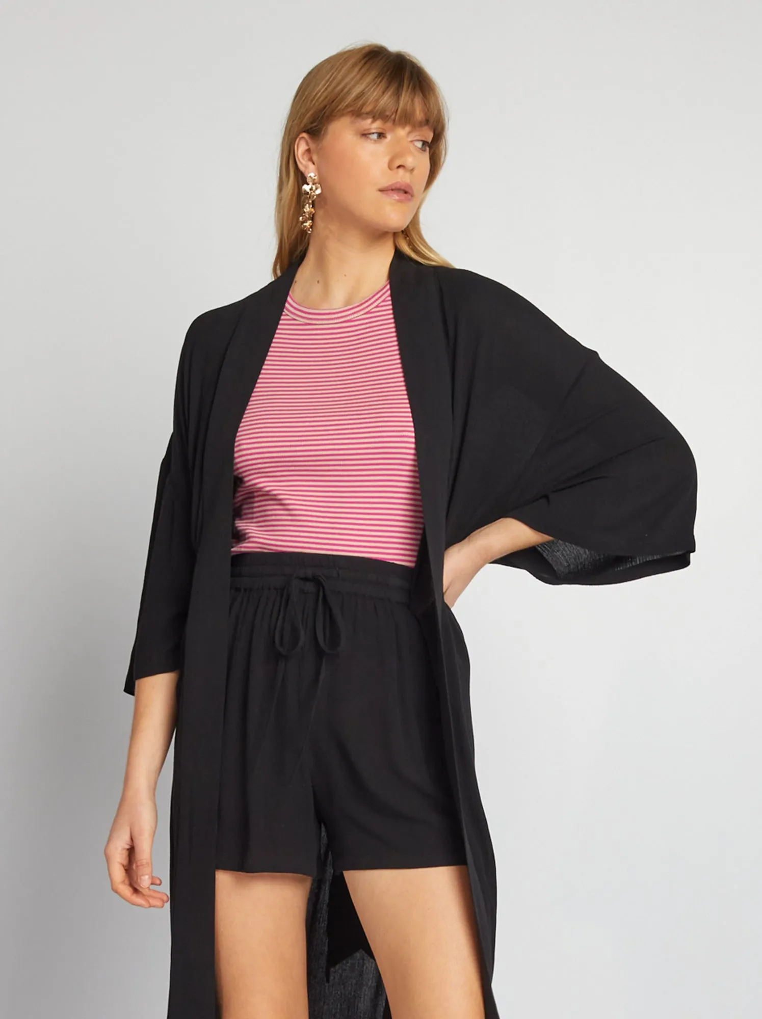 Kimono stampato con cintura - nero