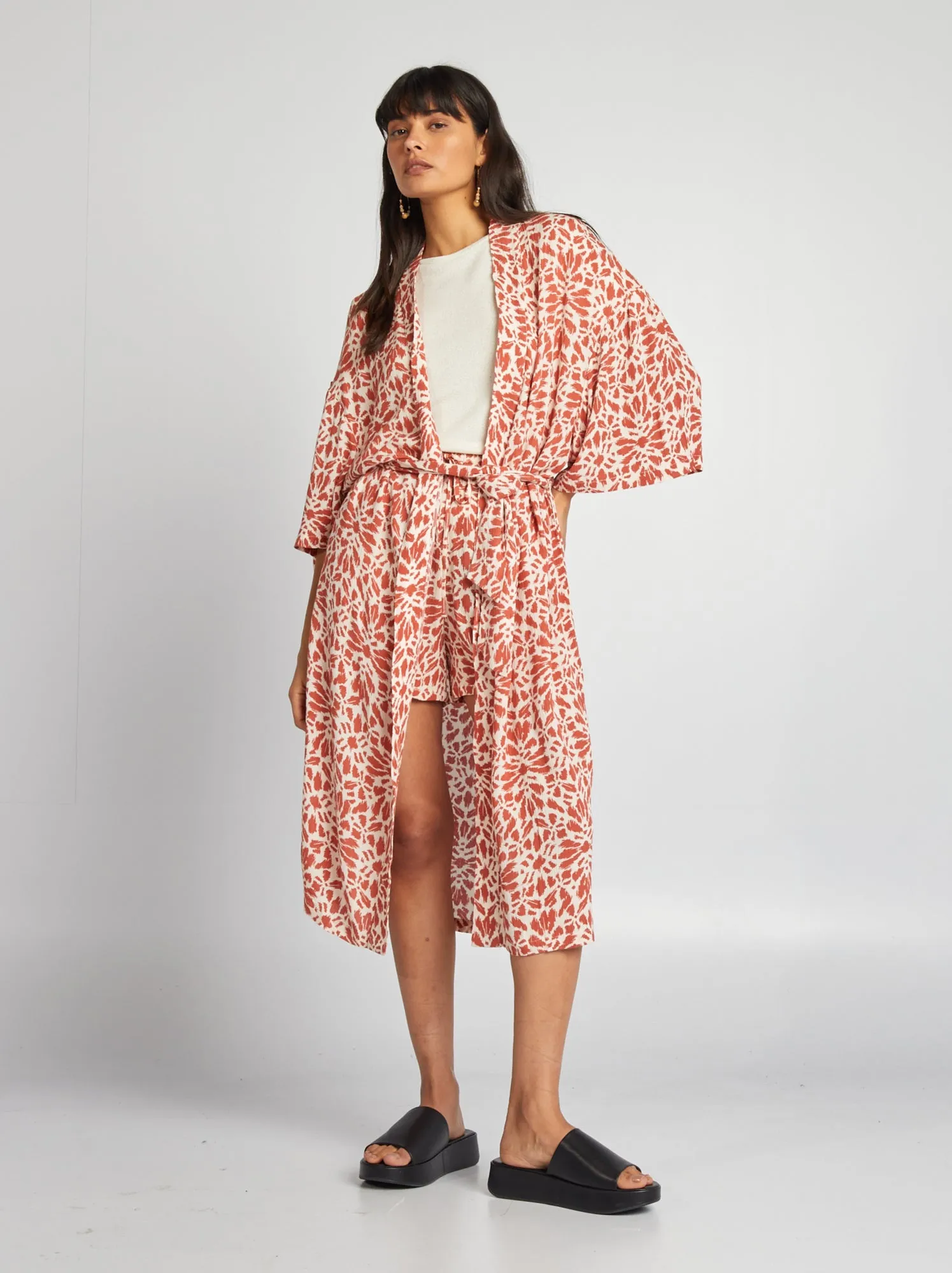 Kimono stampato con cintura - ROSSO
