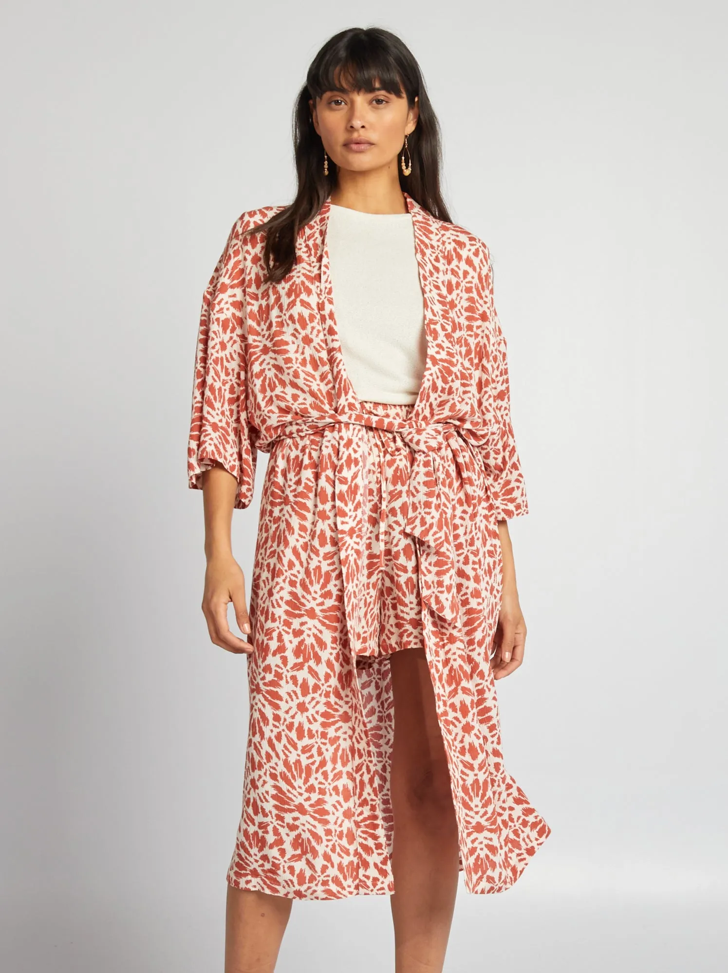 Kimono stampato con cintura - ROSSO