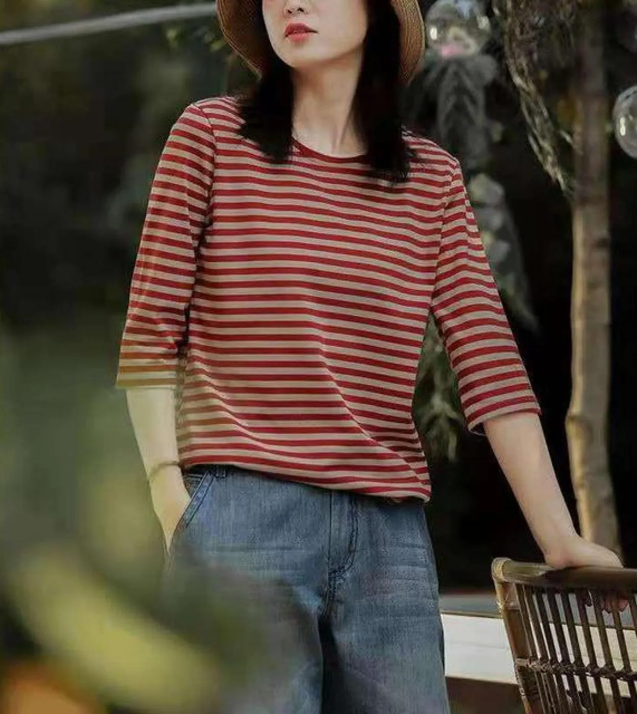 Nuovo arrivo estate stile donna casual tre quarti manica O collo T-shirt T-shirt a righe in cotone abbinata W307tshir