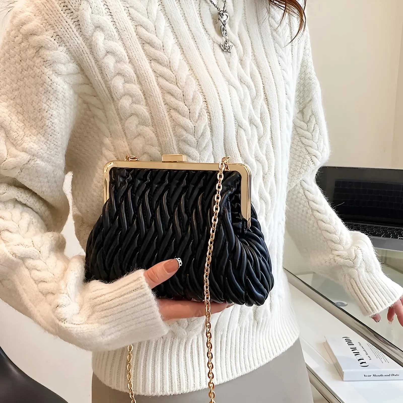 Pochette Donna Clip Catena Tracolla Similpelle Casual Elegante