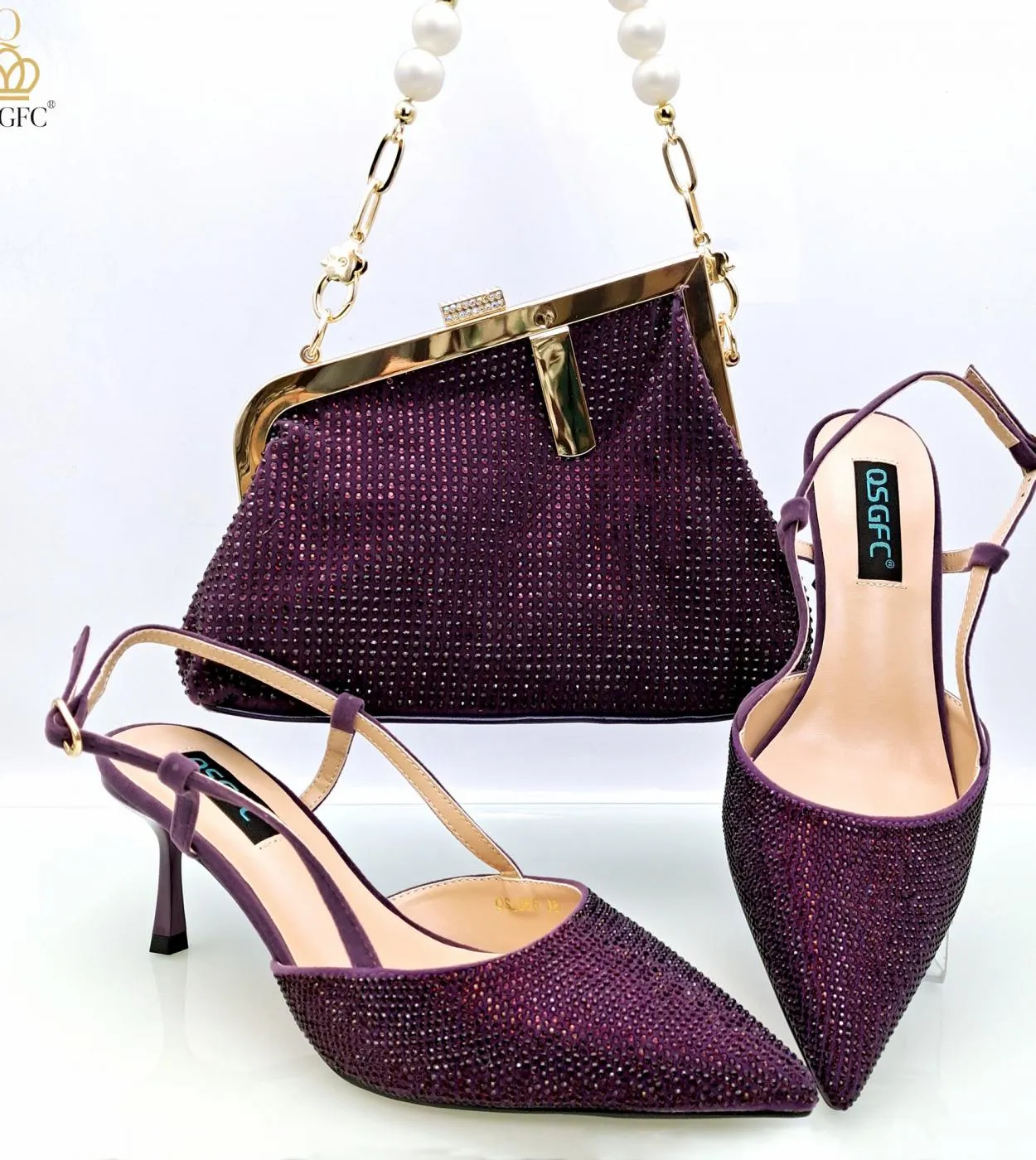 Qsgfc 2023 Colore viola Design italiano Full Diamond Borsa alla moda Borsa a tracolla e cinturino Tacchi alti Scarpe e borsa per
