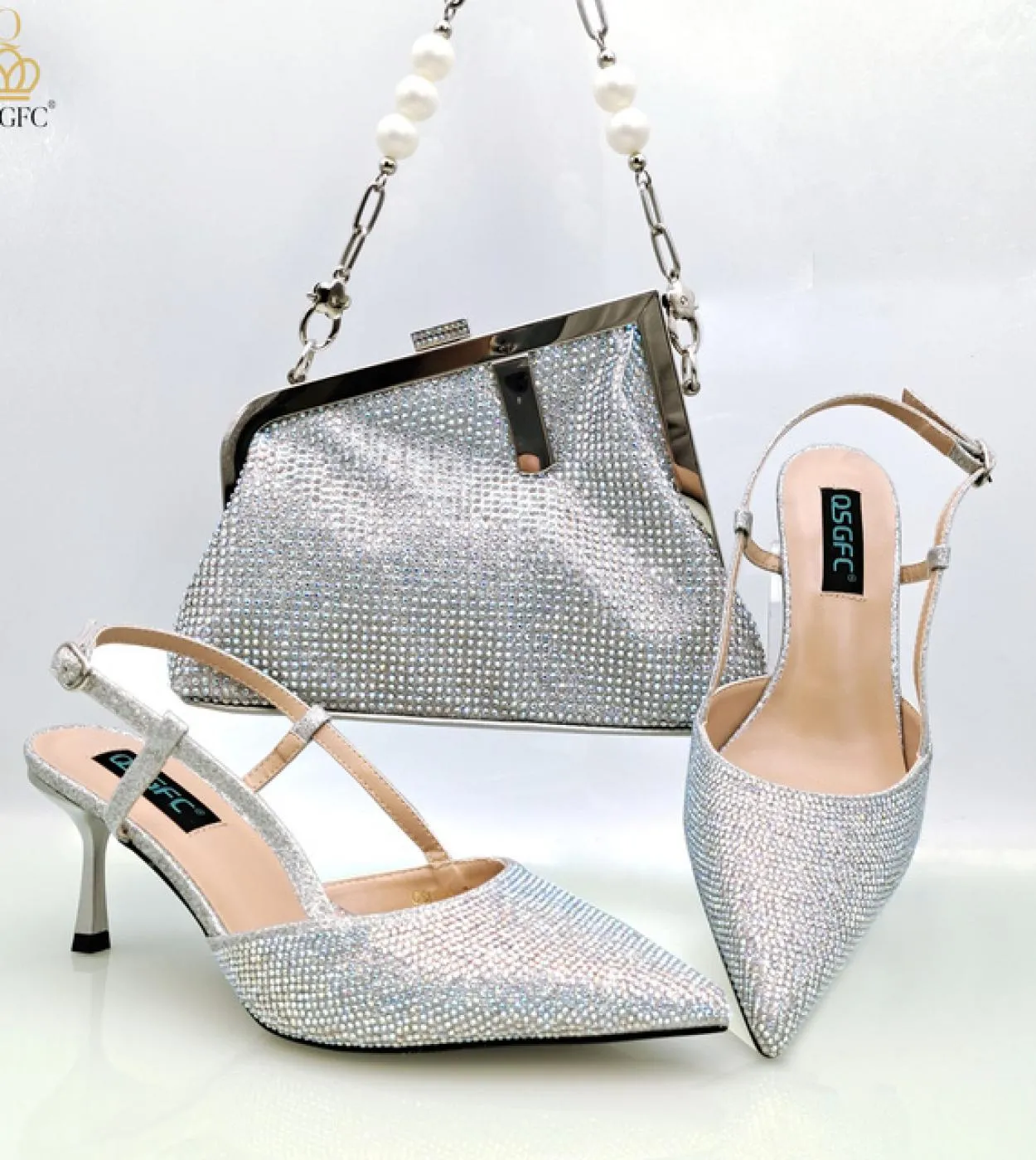 Qsgfc 2023 Colore viola Design italiano Full Diamond Borsa alla moda Borsa a tracolla e cinturino Tacchi alti Scarpe e borsa per