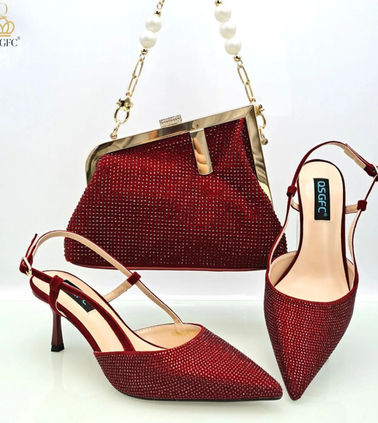 Qsgfc 2023 Colore viola Design italiano Full Diamond Borsa alla moda Borsa a tracolla e cinturino Tacchi alti Scarpe e borsa per