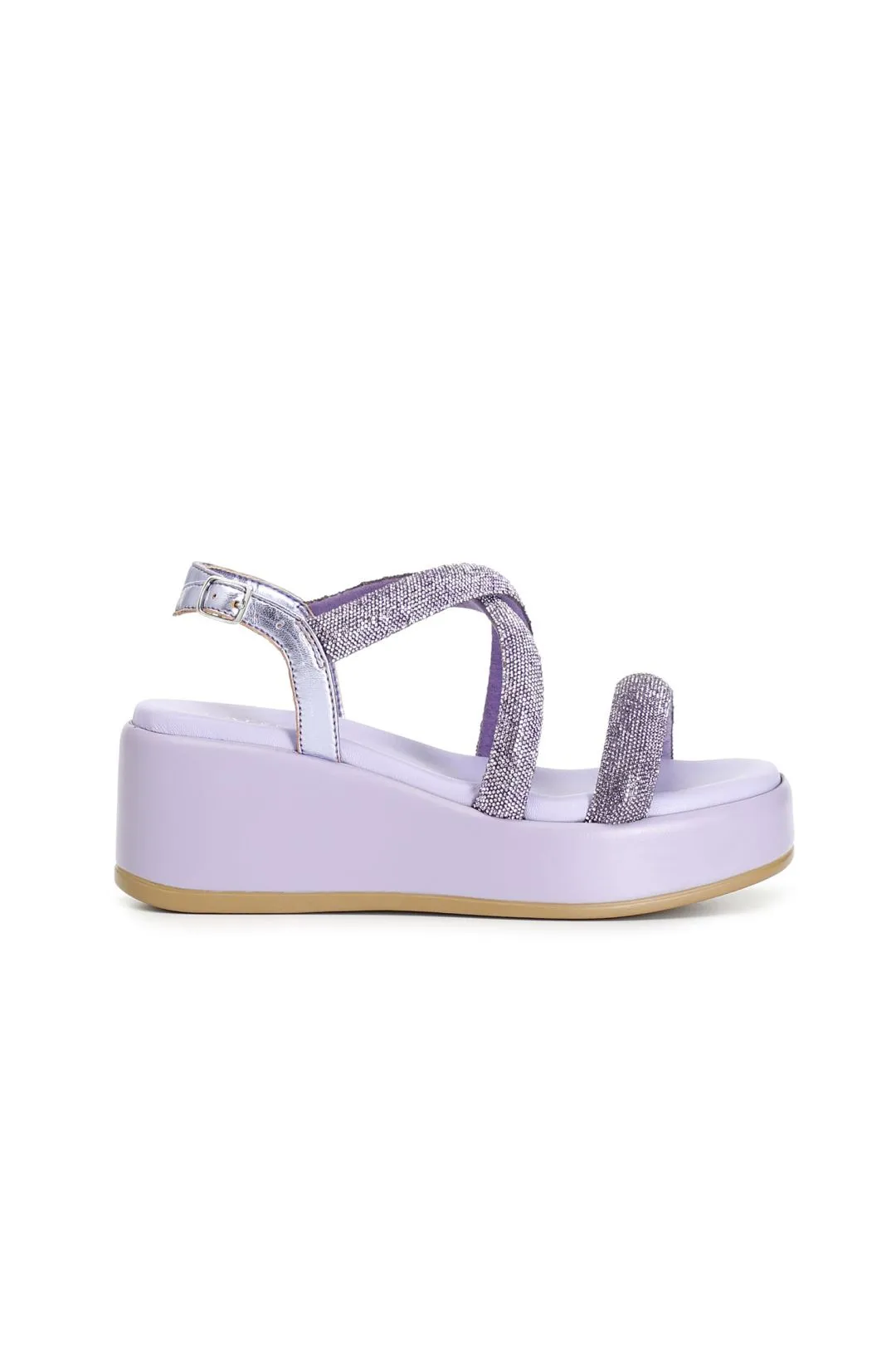 sandali con zeppa e fasce incrocio con strass lilla