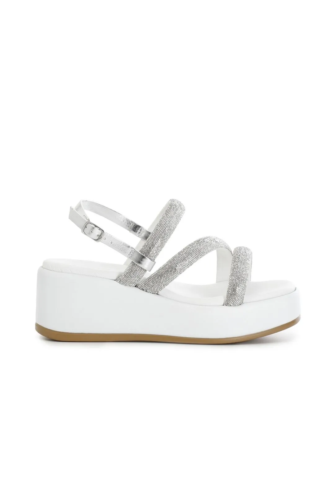sandali con zeppa e tre fasce con strass argento