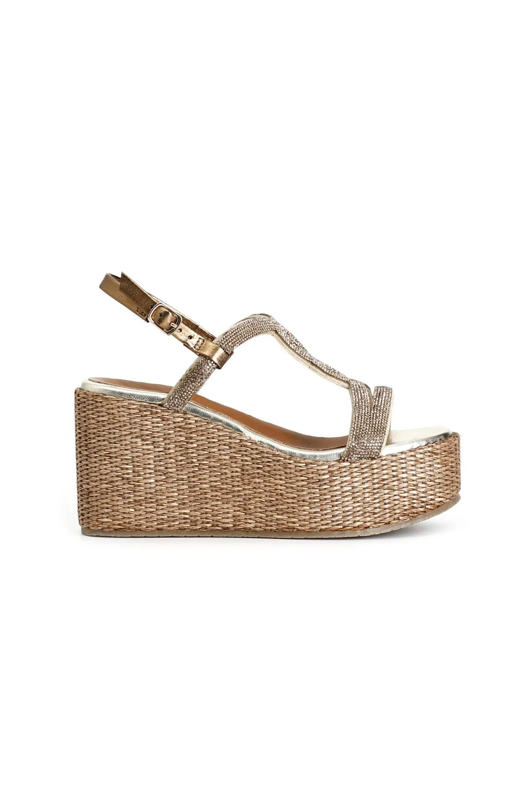 sandali doppia fascia in strass zeppa in rafia ambra