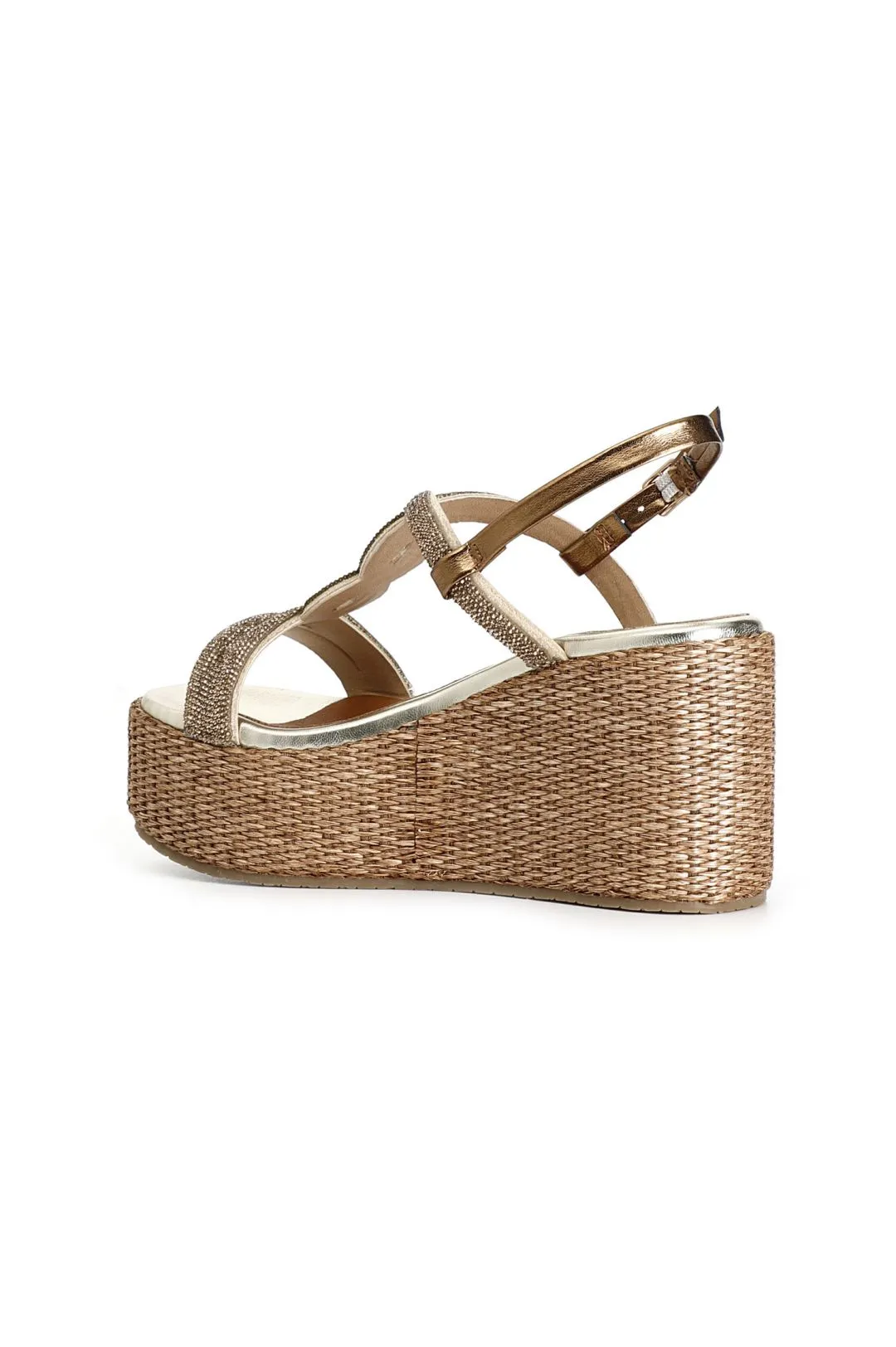 sandali doppia fascia in strass zeppa in rafia ambra