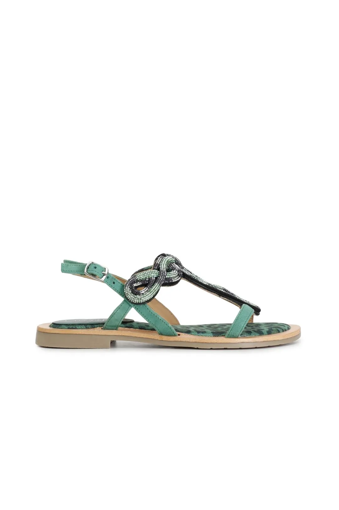 sandali in camoscio e stampa maculata con accessorio strass multi verde