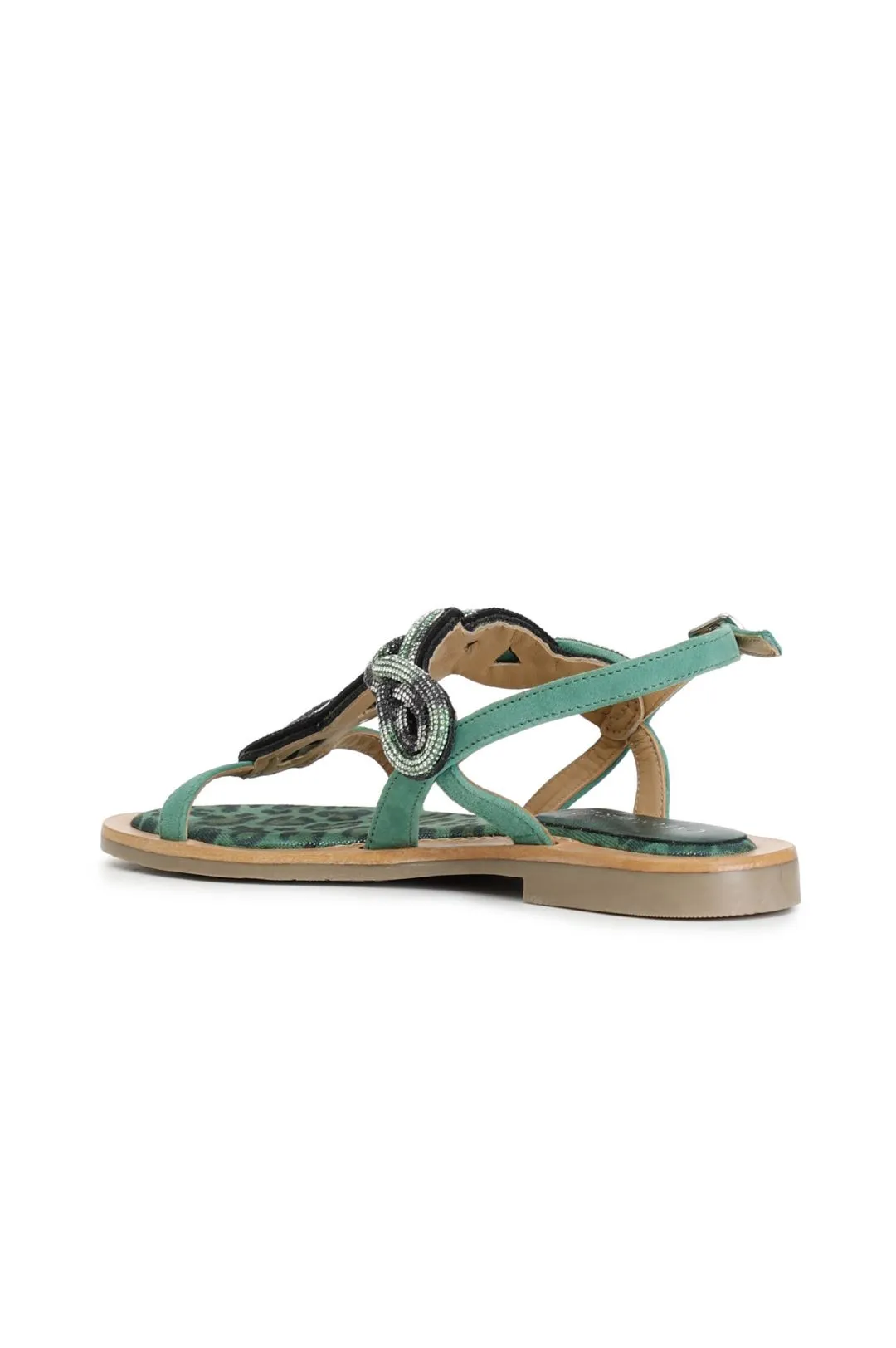 sandali in camoscio e stampa maculata con accessorio strass multi verde