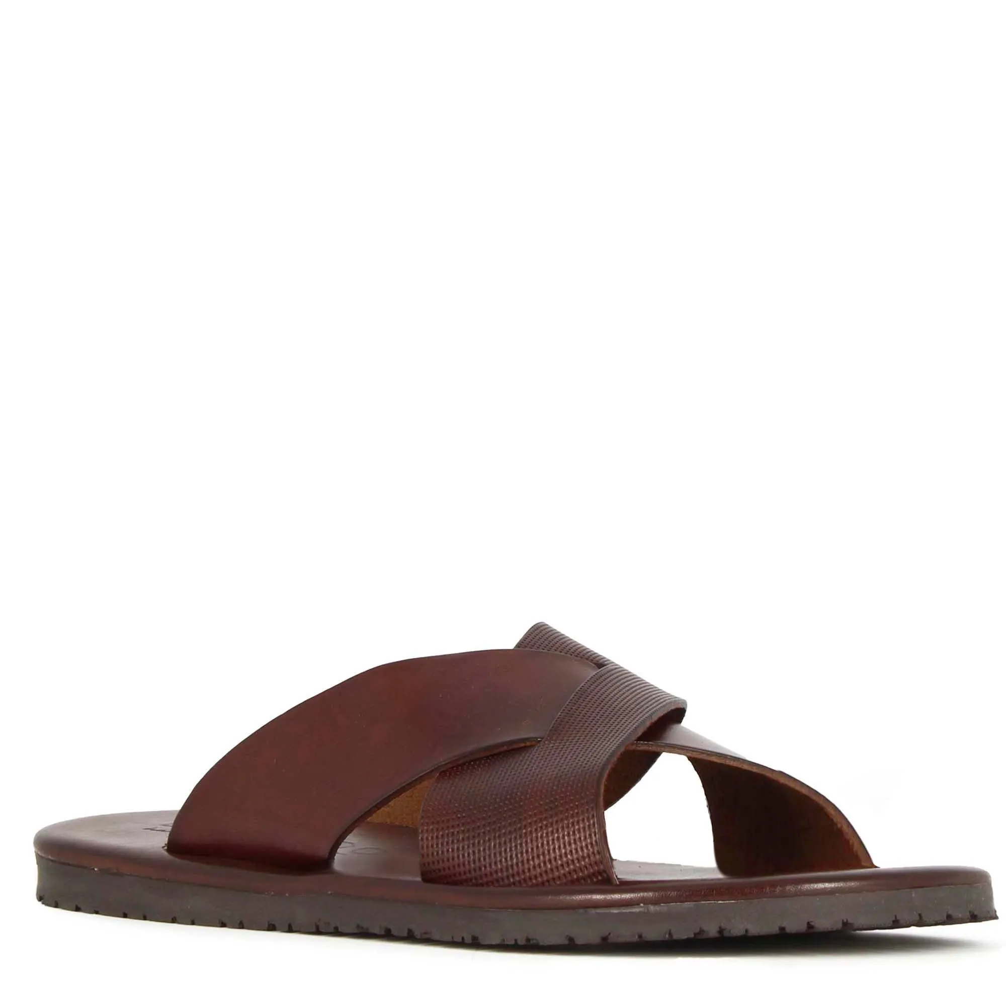 Sandalo slider con fasce incrociate da uomo in pelle colore marrone