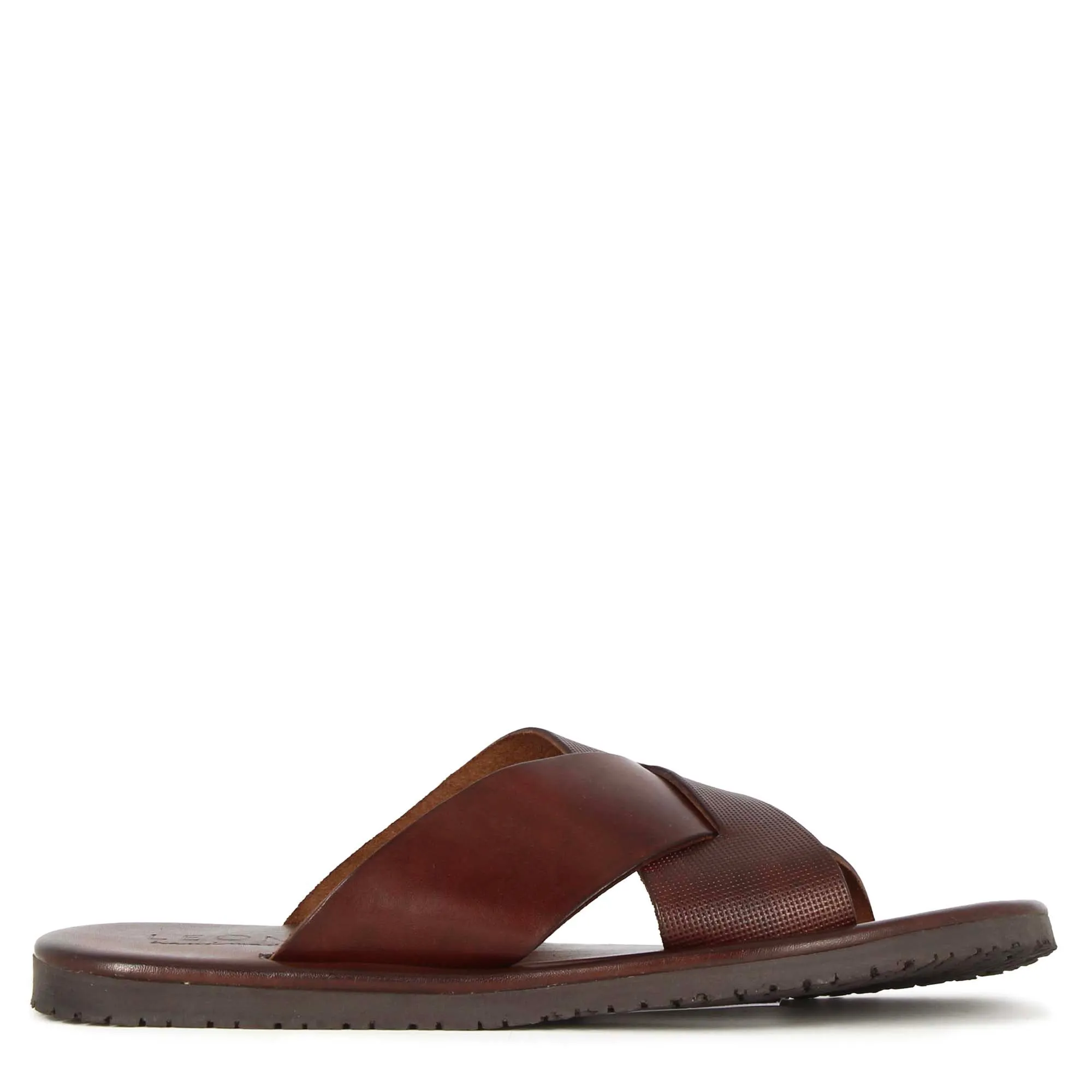 Sandalo slider con fasce incrociate da uomo in pelle colore marrone