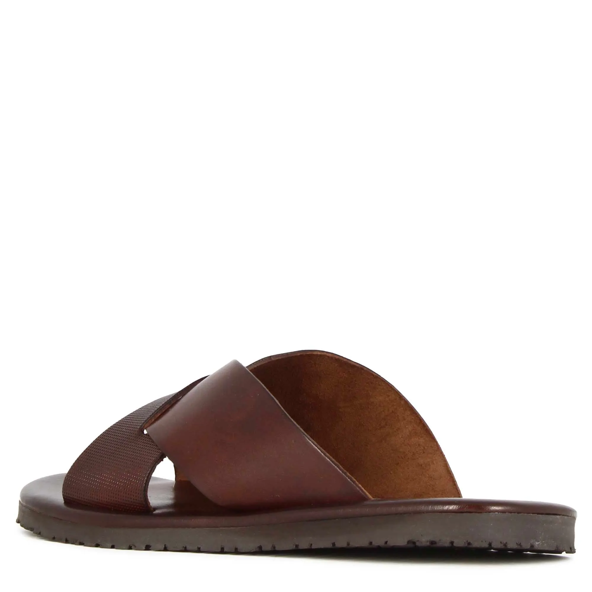 Sandalo slider con fasce incrociate da uomo in pelle colore marrone