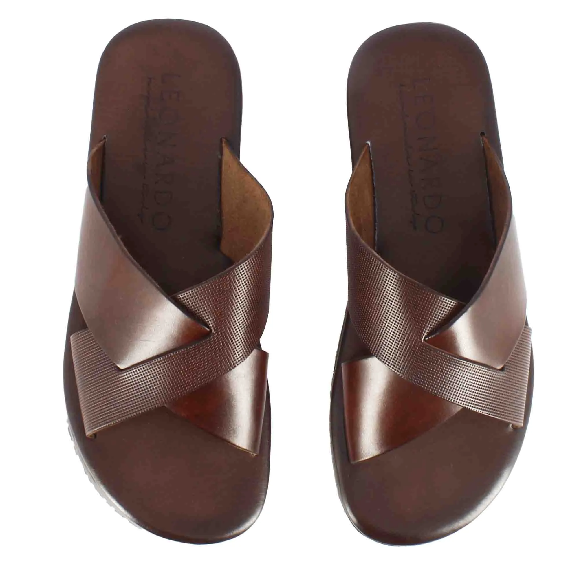 Sandalo slider con fasce incrociate da uomo in pelle colore marrone