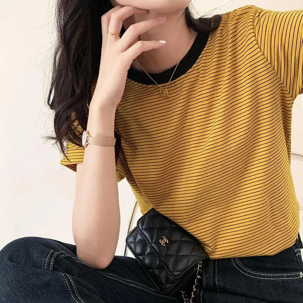 T-shirt a righe da donna estate allentata 2023 nuova maglietta da donna a mezza manica con toppe colorate a maniche corte